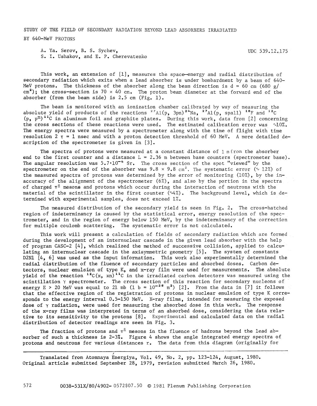 Study of the field of secondary radiation beyond lead absorbers irradiated by 640-MeV protons by Unknown