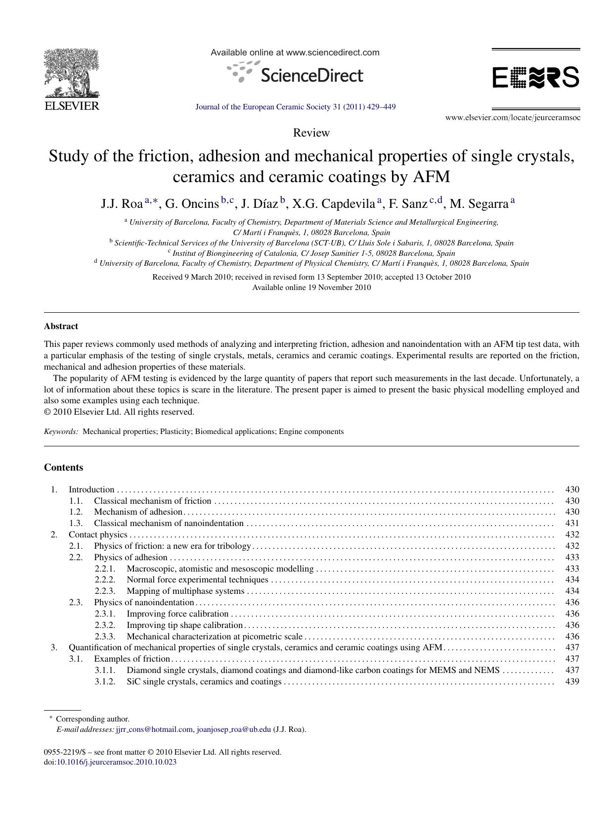 Study of the friction, adhesion and mechanical properties of single crystals, ceramics and ceramic coatings by AFM by J.J. Roa