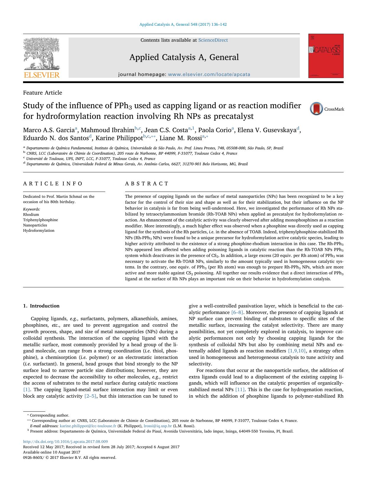 Study of the influence of PPh3 used as capping ligand or as reaction modifier for hydroformylation reaction involving Rh NPs as precatalyst by unknow