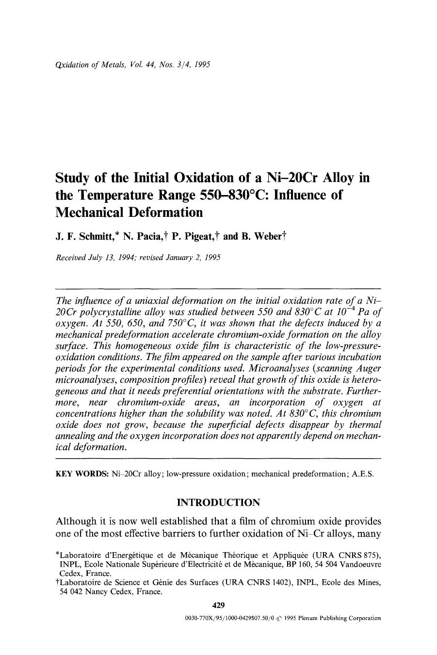 Study of the initial oxidation of a Ni-20Cr alloy in the temperature range 550&#x2013;830&#x00B0;C: Influence of mechanical deformation by Unknown