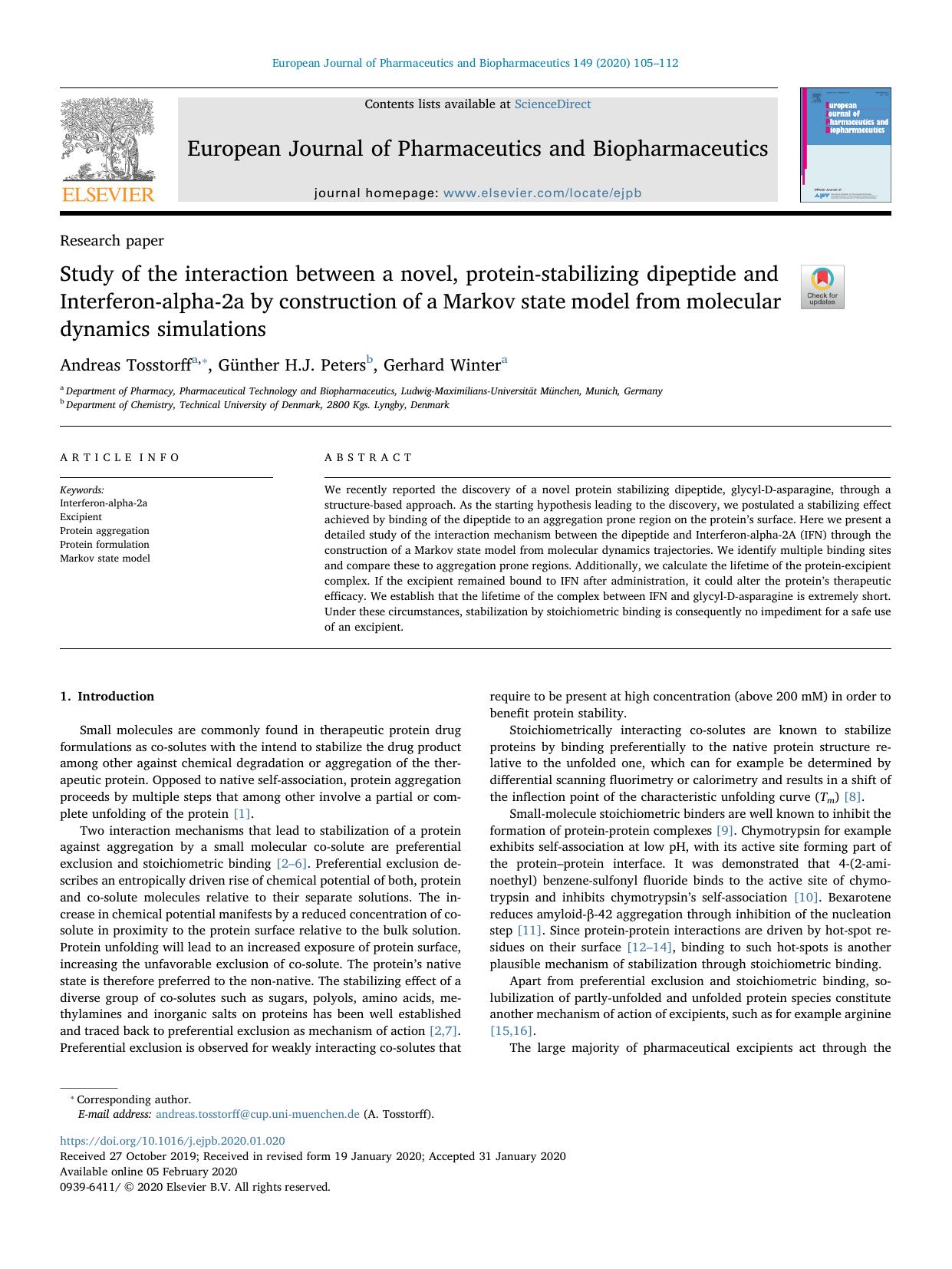 Study of the interaction between a novel, protein-stabilizing dipeptide and Interferon-alpha-2a by construction of a Markov state model from molecular dynamics simulations by Andreas Tosstorff & Günther H.J. Peters & Gerhard Winter