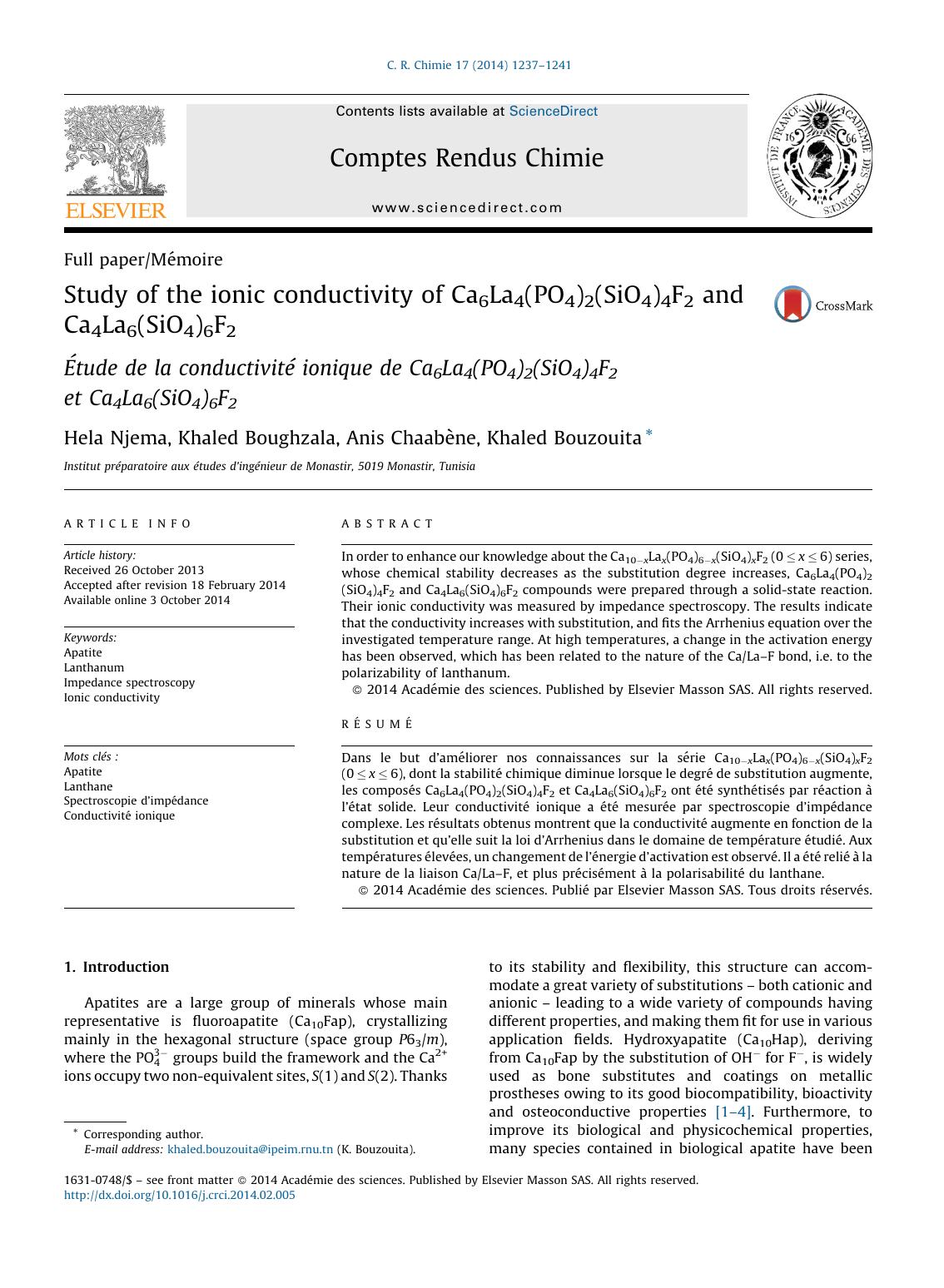 Study of the ionic conductivity of Ca6La4(PO4)2(SiO4)4F2 and Ca4La6(SiO4)6F2 by Hela Njema & Khaled Boughzala & Anis Chaabène & Khaled Bouzouita