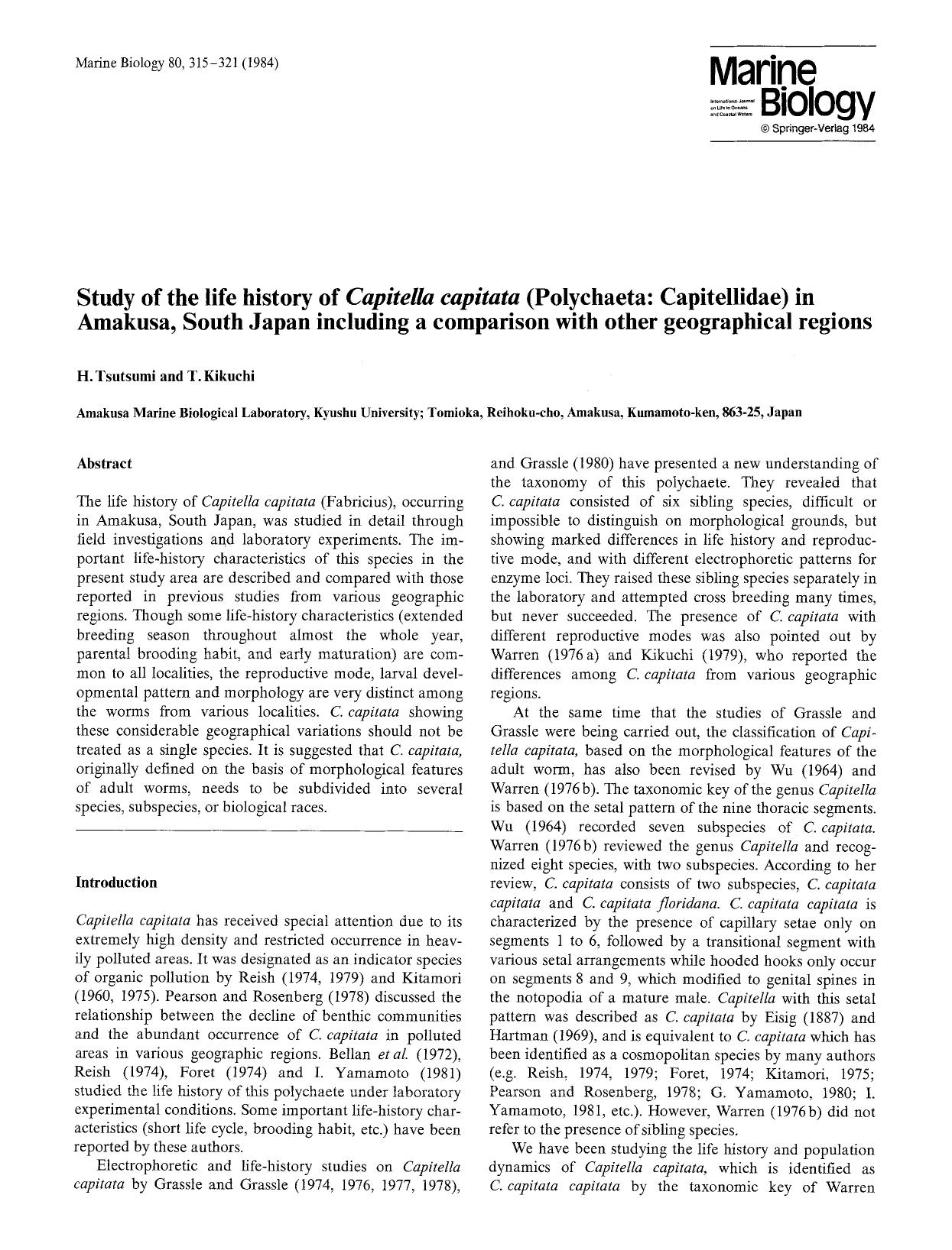 Study of the life history of <Emphasis Type="Italic">Capitella capitata<Emphasis> (Polychaeta: Capitellidae) in Amakusa, South Japan including a comparison with other geographical regions by Unknown