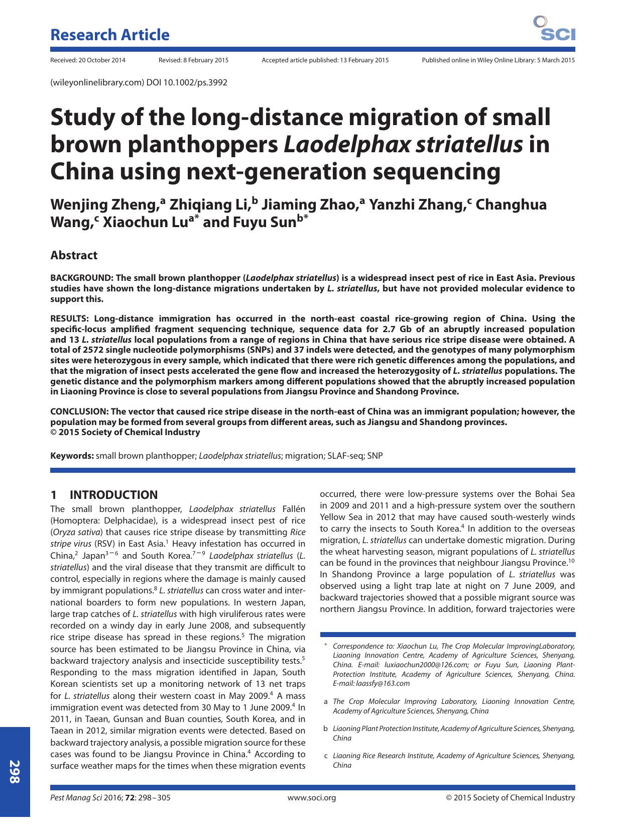 Study of the long-distance migration of small brown planthoppers Laodelphax striatellus in China using next-generation sequencing by Unknown