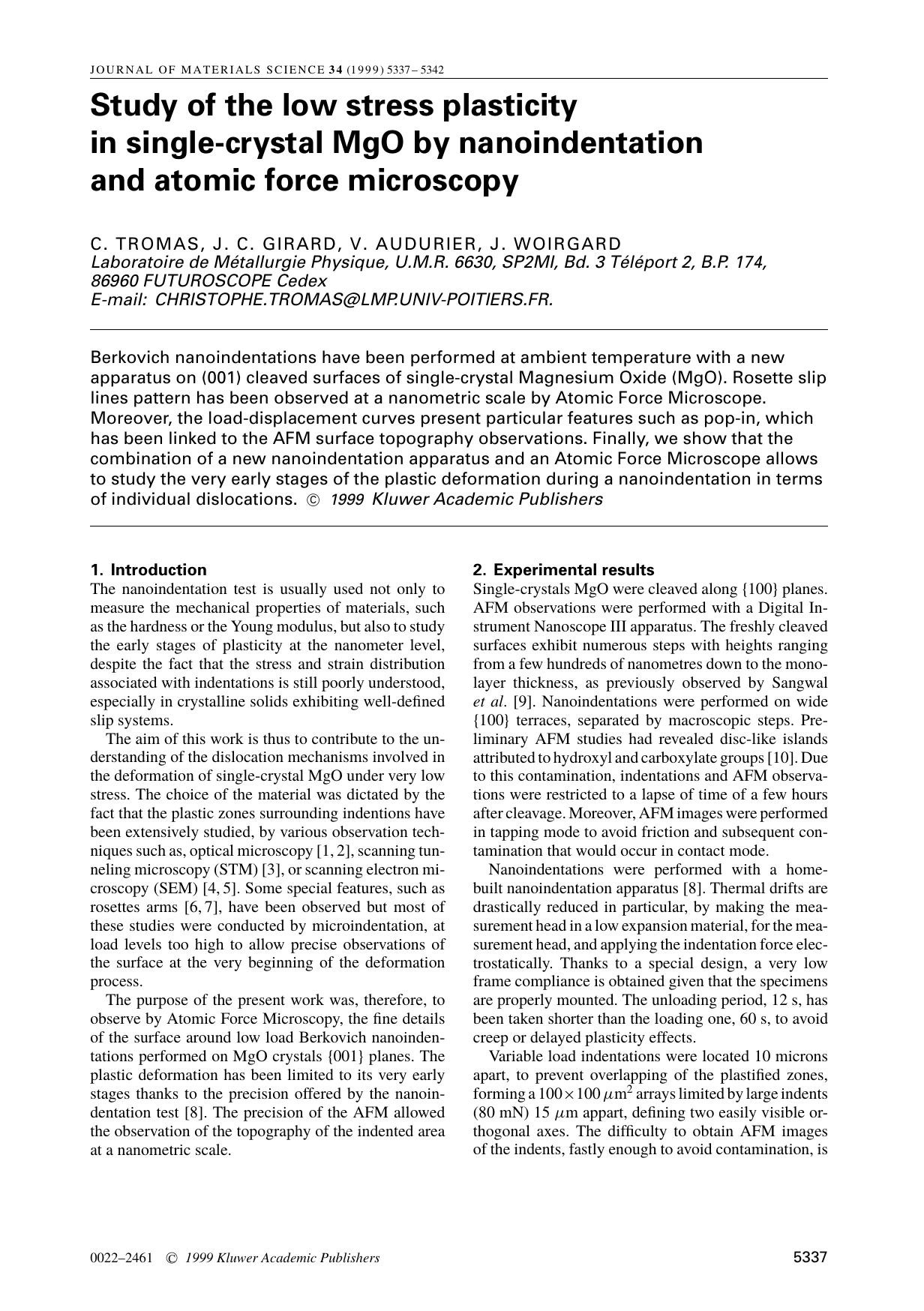 Study of the low stress plasticity in single-crystal MgO by nanoindentation and atomic force microscopy by Unknown