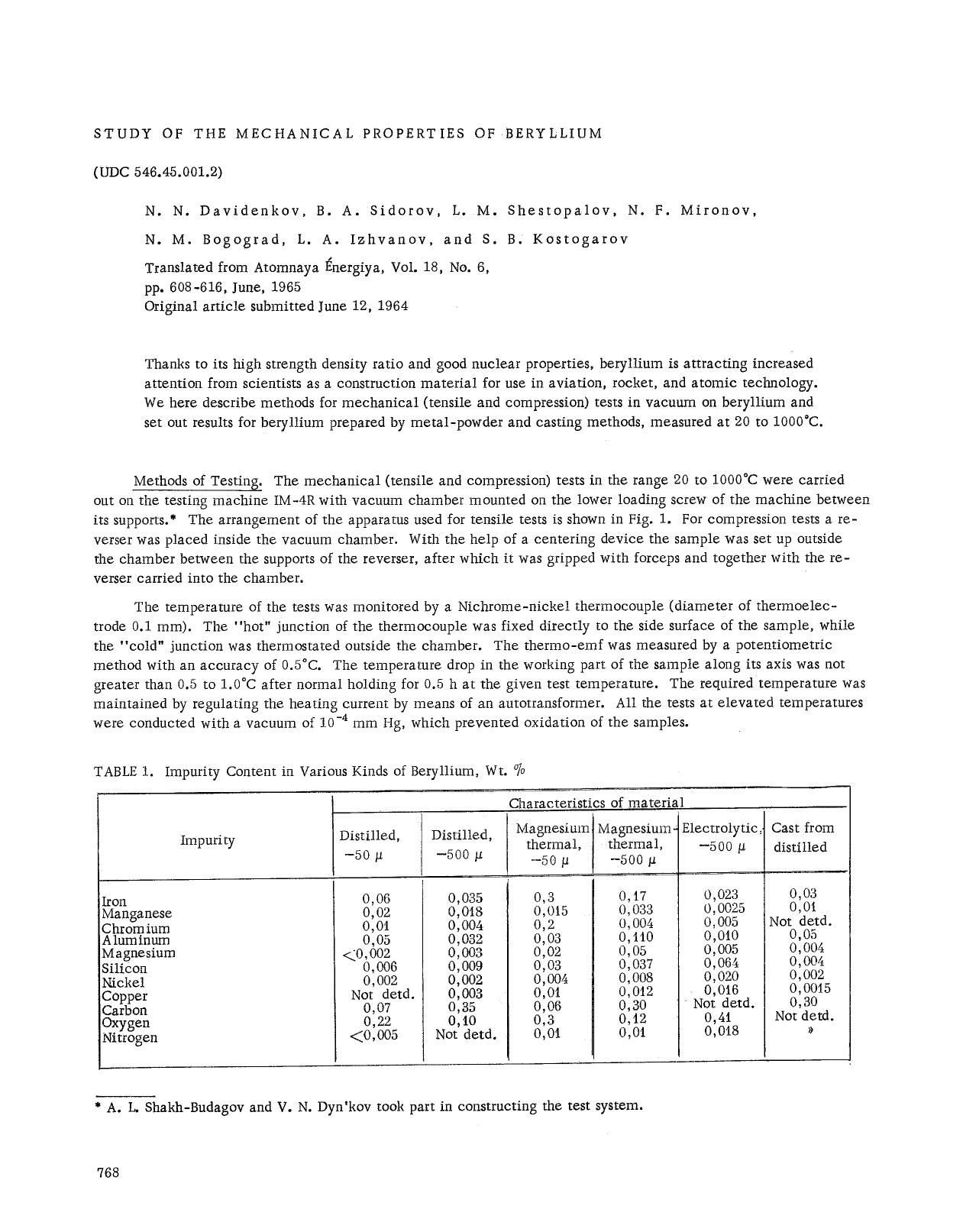 Study of the mechanical properties of beryllium by Unknown