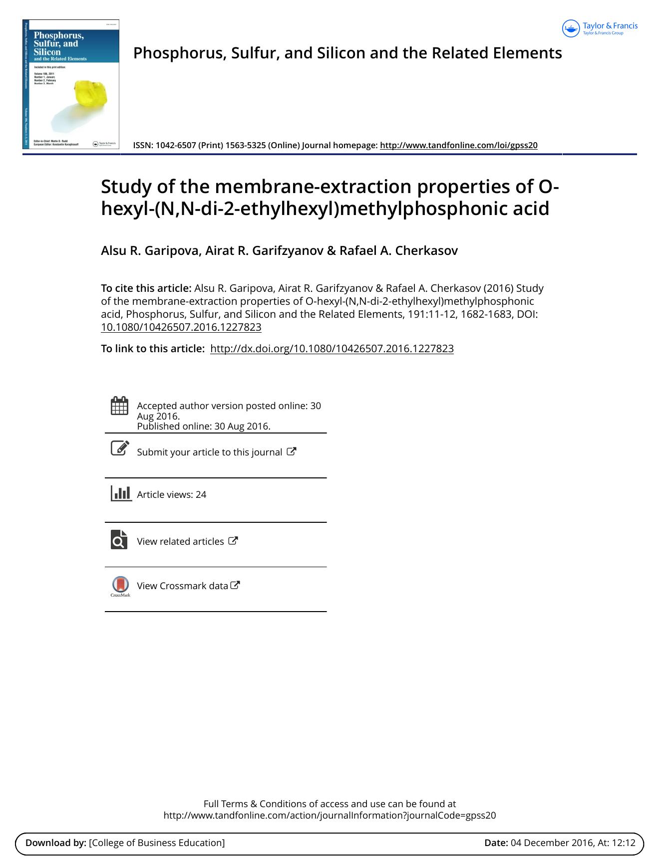 Study of the membrane-extraction properties of O-hexyl-(N,N-di-2-ethylhexyl)methylphosphonic acid by Alsu R. Garipova & Airat R. Garifzyanov & Rafael A. Cherkasov