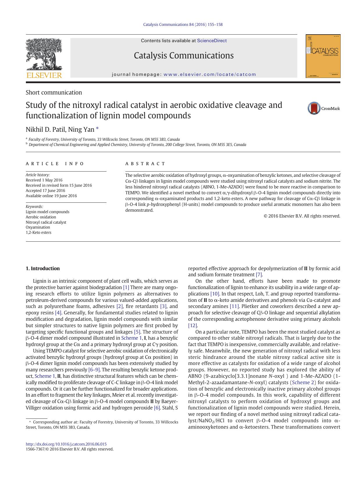Study of the nitroxyl radical catalyst in aerobic oxidative cleavage and functionalization of lignin model compounds by Nikhil D. Patil & Ning Yan