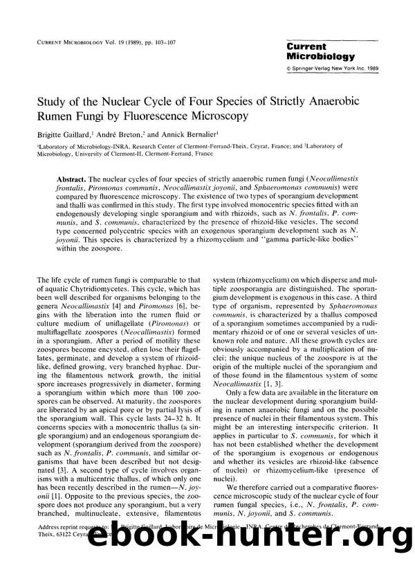 Study of the nuclear cycle of four species of strictly anaerobic rumen fungi by fluorescence microscopy by Unknown