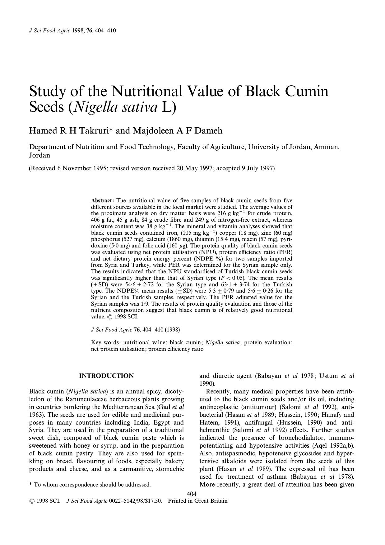 Study of the nutritional value of black cumin seeds (Nigella sativaL) by Takruri Dameh