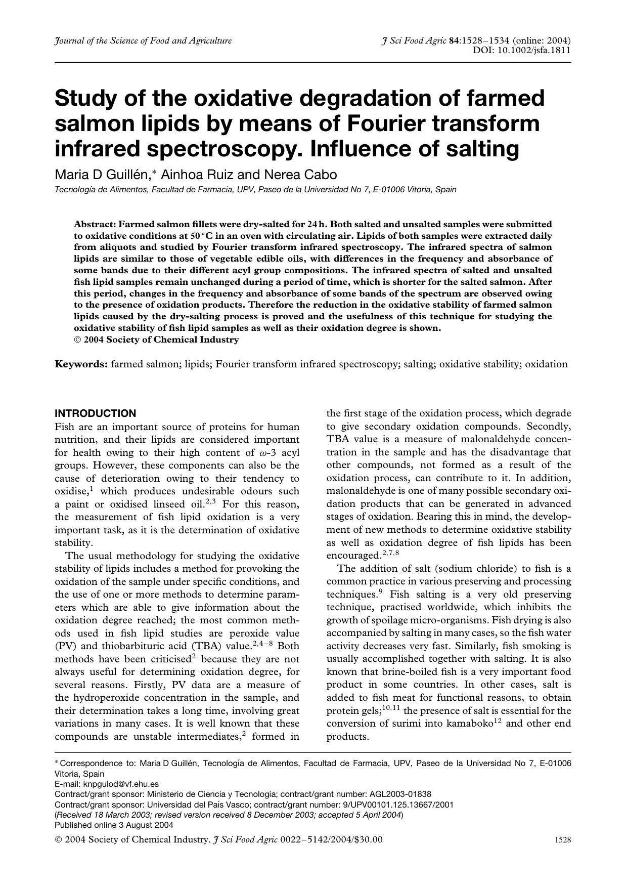 Study of the oxidative degradation of farmed salmon lipids by means of Fourier transform infrared spectroscopy. Influence of salting by Unknown