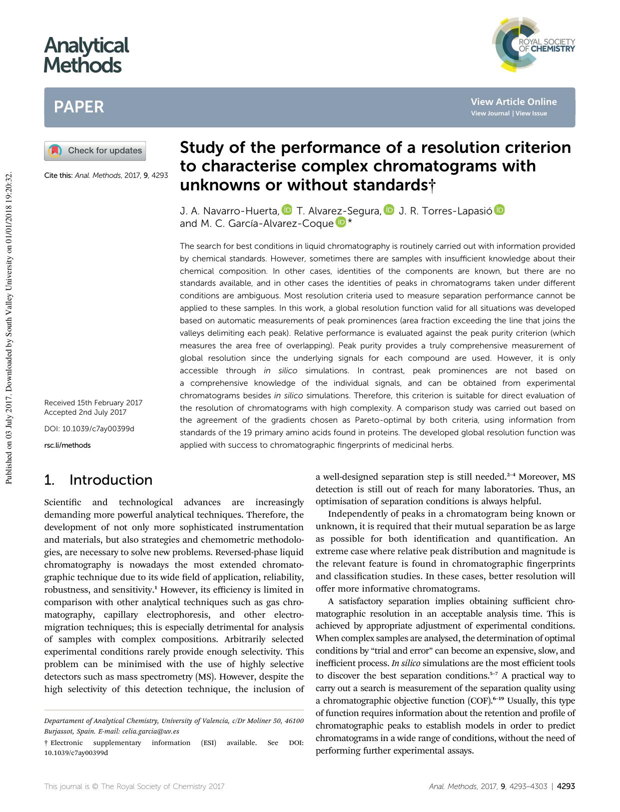 Study of the performance of a resolution criterion to characterise complex chromatograms with unknowns or without standards by J. A. Navarro-Huerta & T. Alvarez-Segura & J. R. Torres-Lapasió & M. C. García-Alvarez-Coque