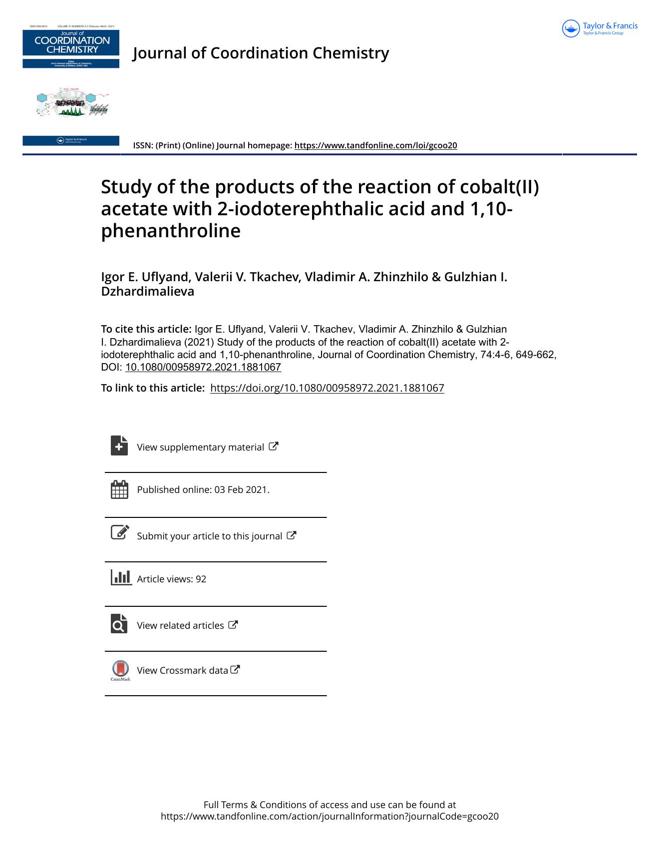 Study of the products of the reaction of cobalt(II) acetate with 2-iodoterephthalic acid and 1,10-phenanthroline by Uflyand Igor E. & Tkachev Valerii V. & Zhinzhilo Vladimir A. & Dzhardimalieva Gulzhian I