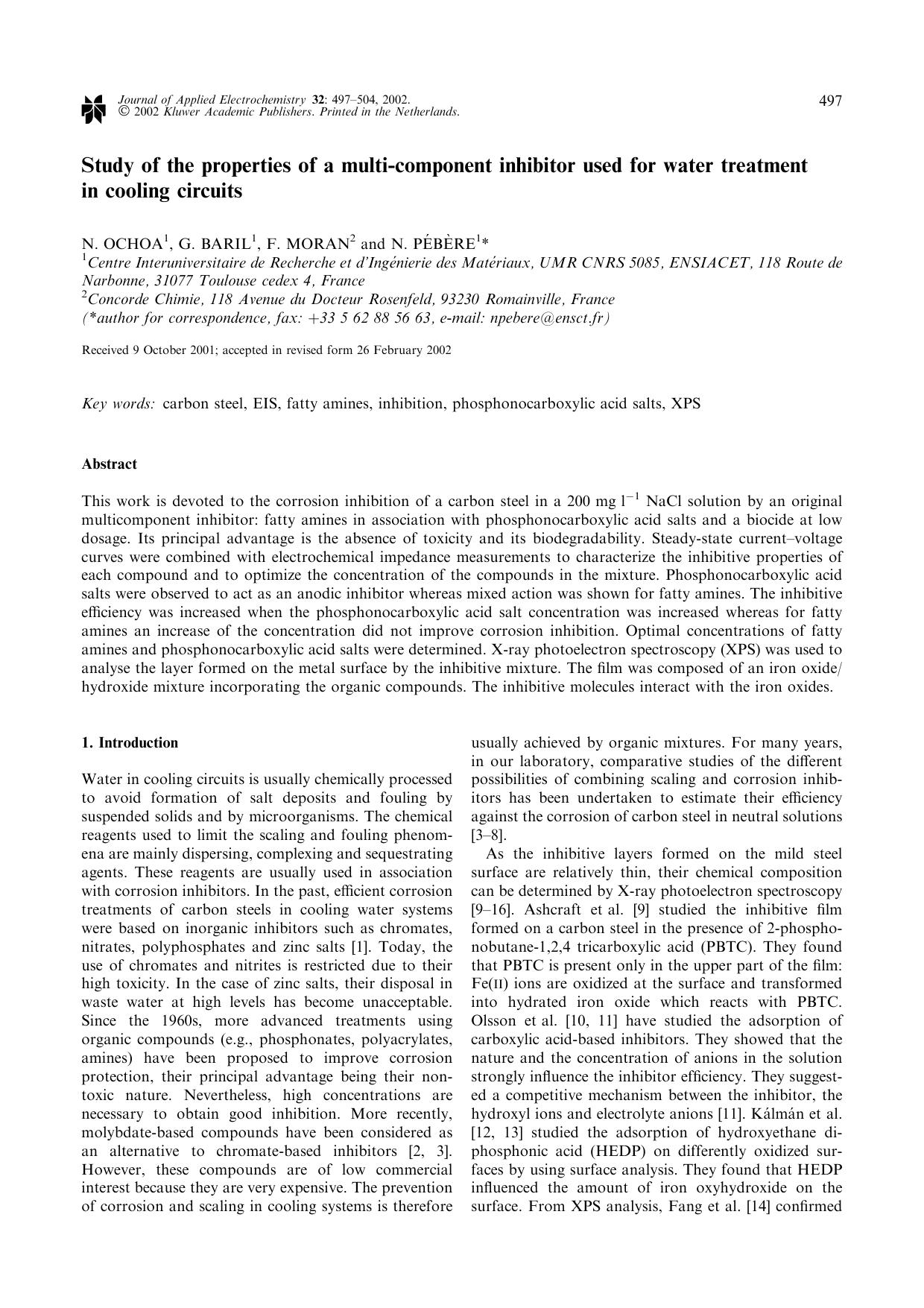 Study of the properties of a multi-component inhibitor used for water treatment in cooling circuits by Unknown