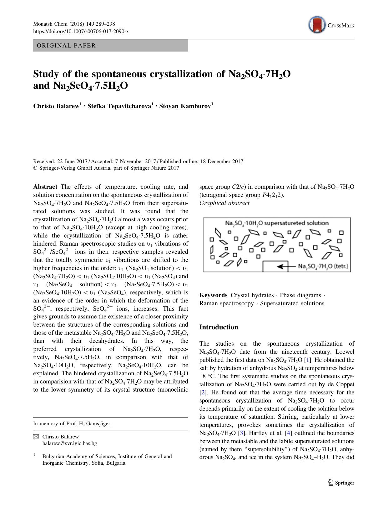 Study of the spontaneous crystallization of Na2SO4Â·7H2O and Na2SeO4Â·7.5H2O by Christo Balarew & Stefka Tepavitcharova & Stoyan Kamburov