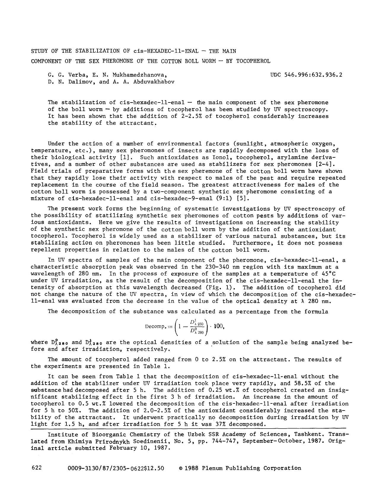 Study of the stabilization of cis-hexadec-11-enal — The main component of the sex pheromone of the cotton boll worm — By tocopherol by Unknown