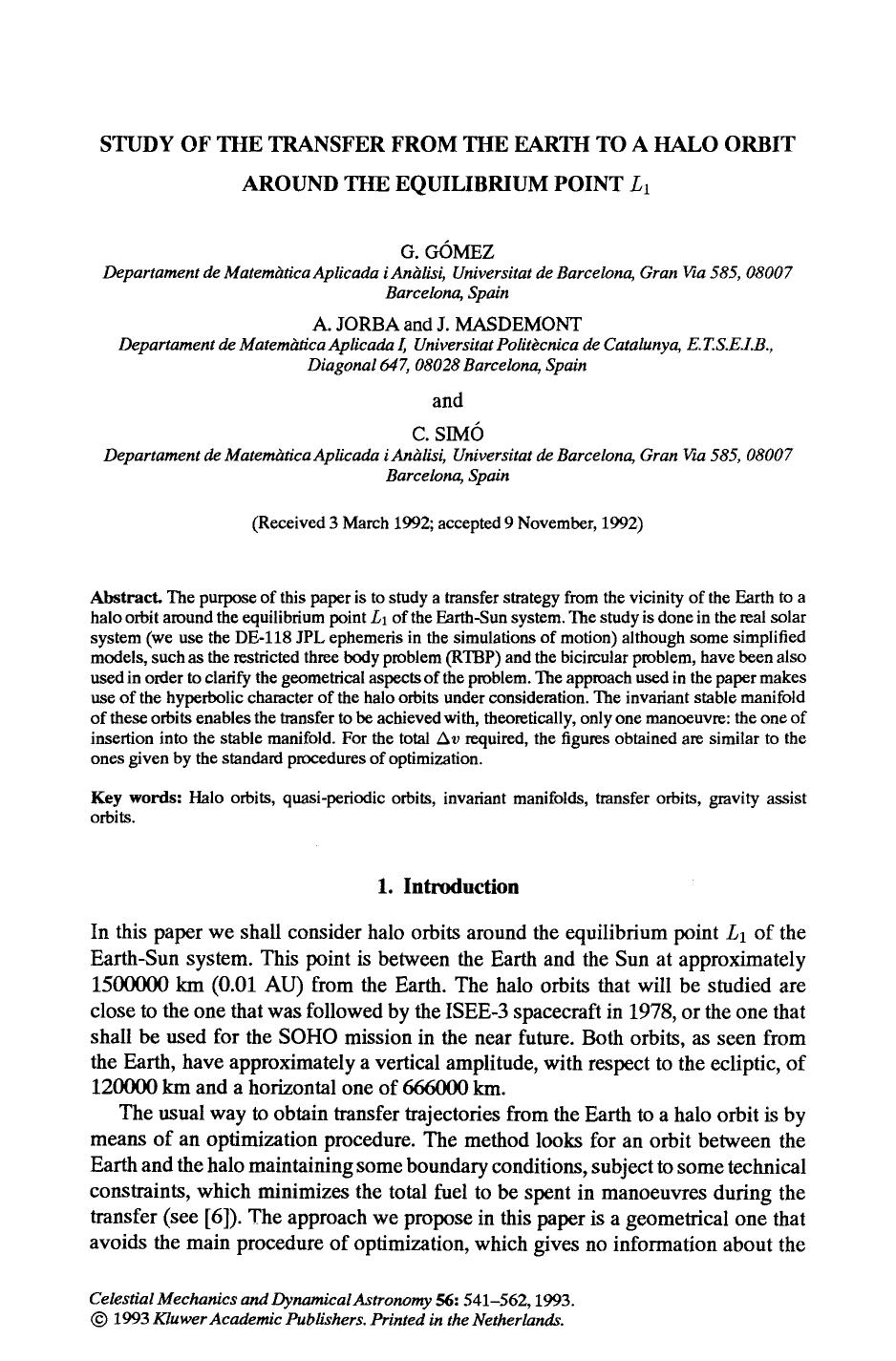 Study of the transfer from the Earth to a halo orbit around the equilibrium point <Emphasis Type="Italic">L <Emphasis> <Subscript>1 <Subscript> by Unknown