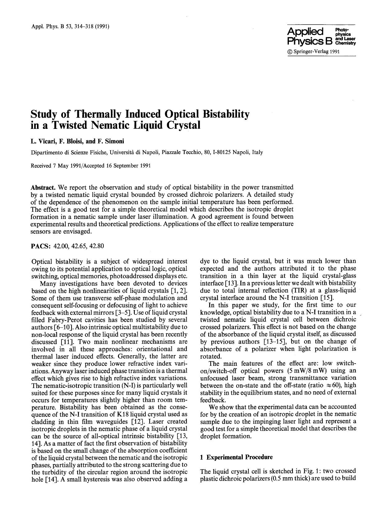 Study of thermally induced optical bistability in a twisted nematic liquid crystal by Unknown