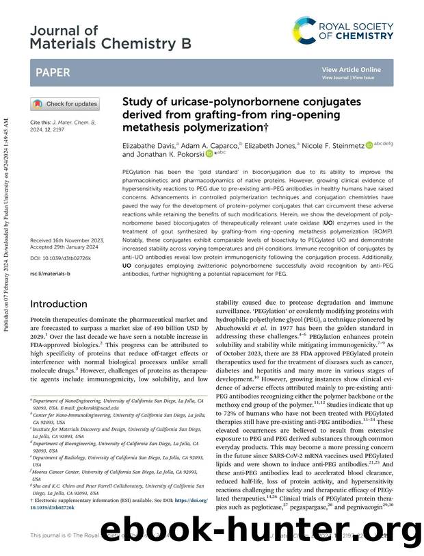Study of uricase-polynorbornene conjugates derived from grafting-from ring-opening metathesis polymerization by Elizabathe Davis & Adam A. Caparco & Elizabeth Jones & Nicole F. Steinmetz & Jonathan K. Pokorski