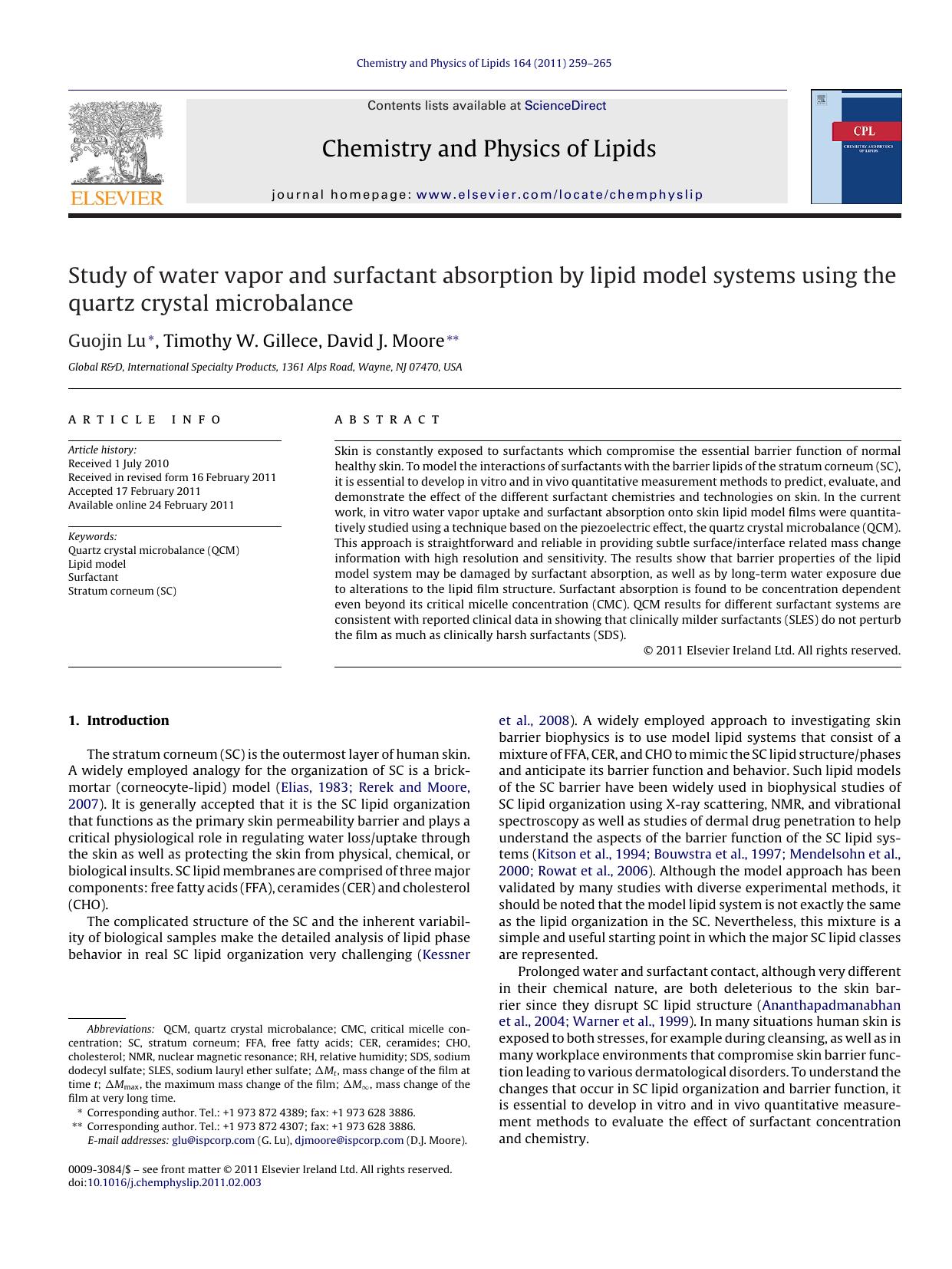 Study of water vapor and surfactant absorption by lipid model systems using the quartz crystal microbalance by Guojin Lu