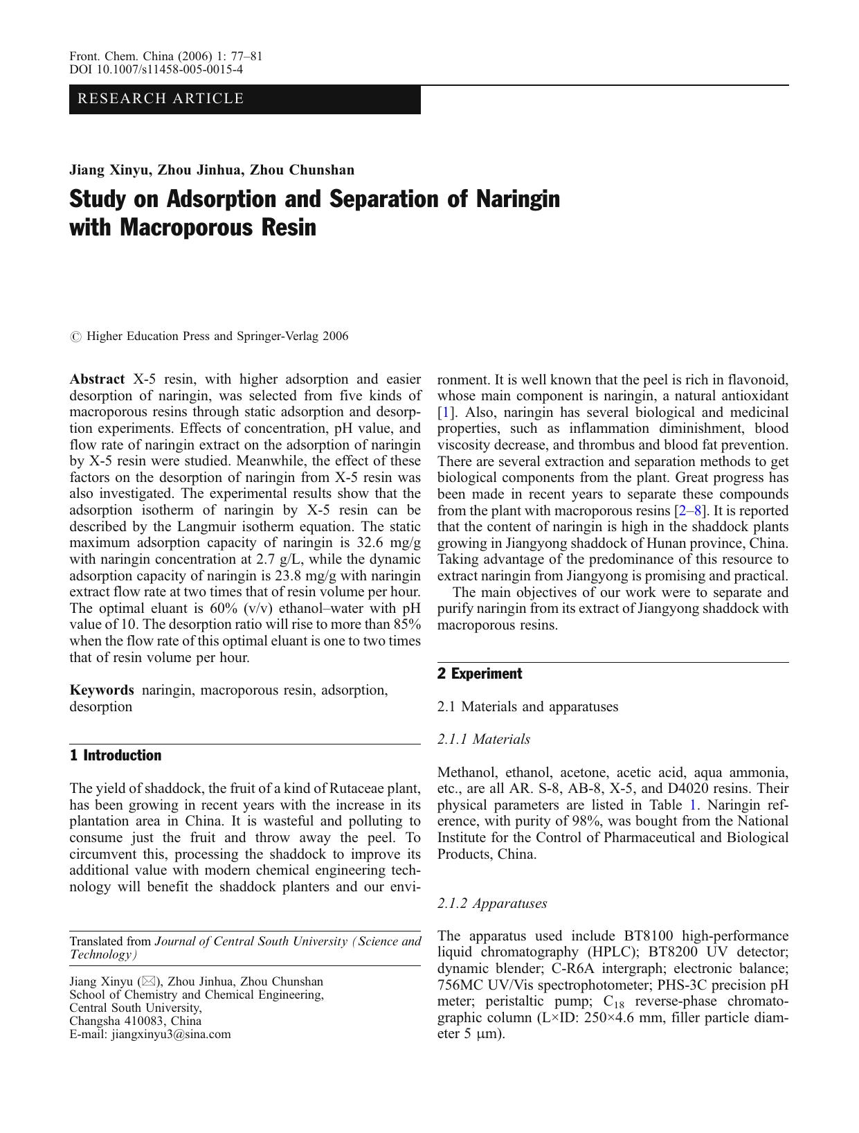 Study on Adsorption and Separation of Naringin with Macroporous Resin by Unknown