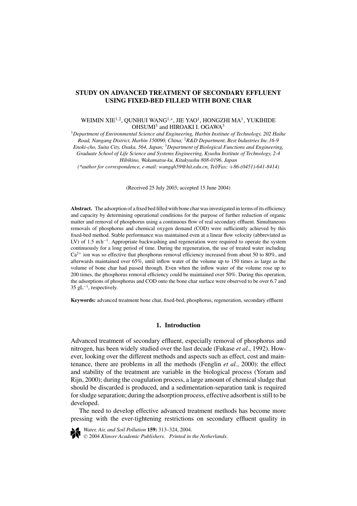 Study on Advanced Treatment of Secondary Effluent Using Fixed-Bed Filled with Bone Char by Unknown