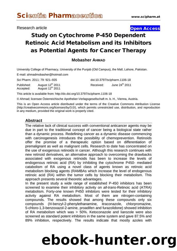 Study on Cytochrome P-450 Dependent Retinoic Acid Metabolism and its Inhibitors as Potential Agents for Cancer Therapy by Mobasher AHMAD