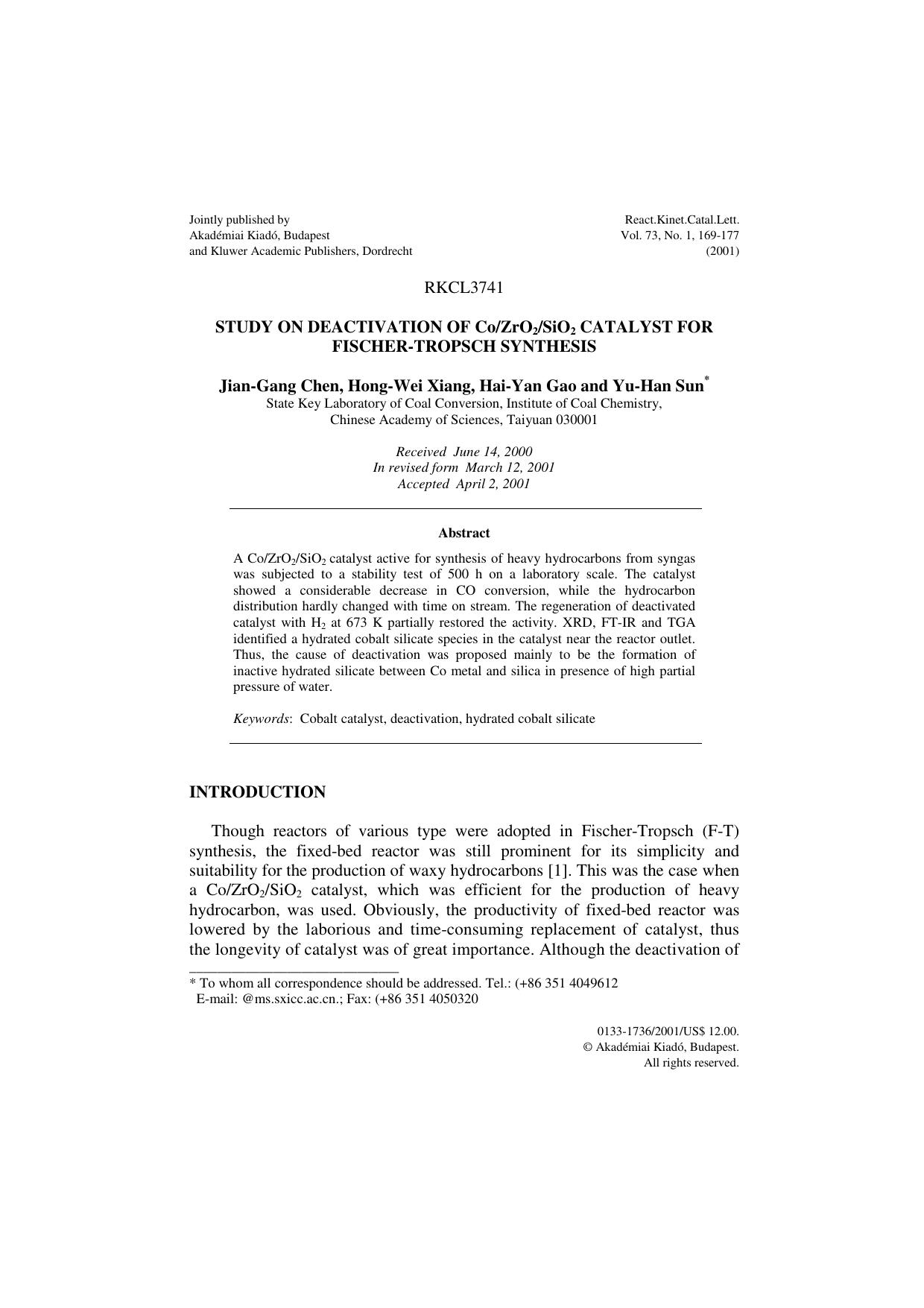 Study on Deactivation of CoZrO<Subscript>2<Subscript>SiO<Subscript>2<Subscript> Catalyst For Fischer-Tropsch Synthesis by Unknown