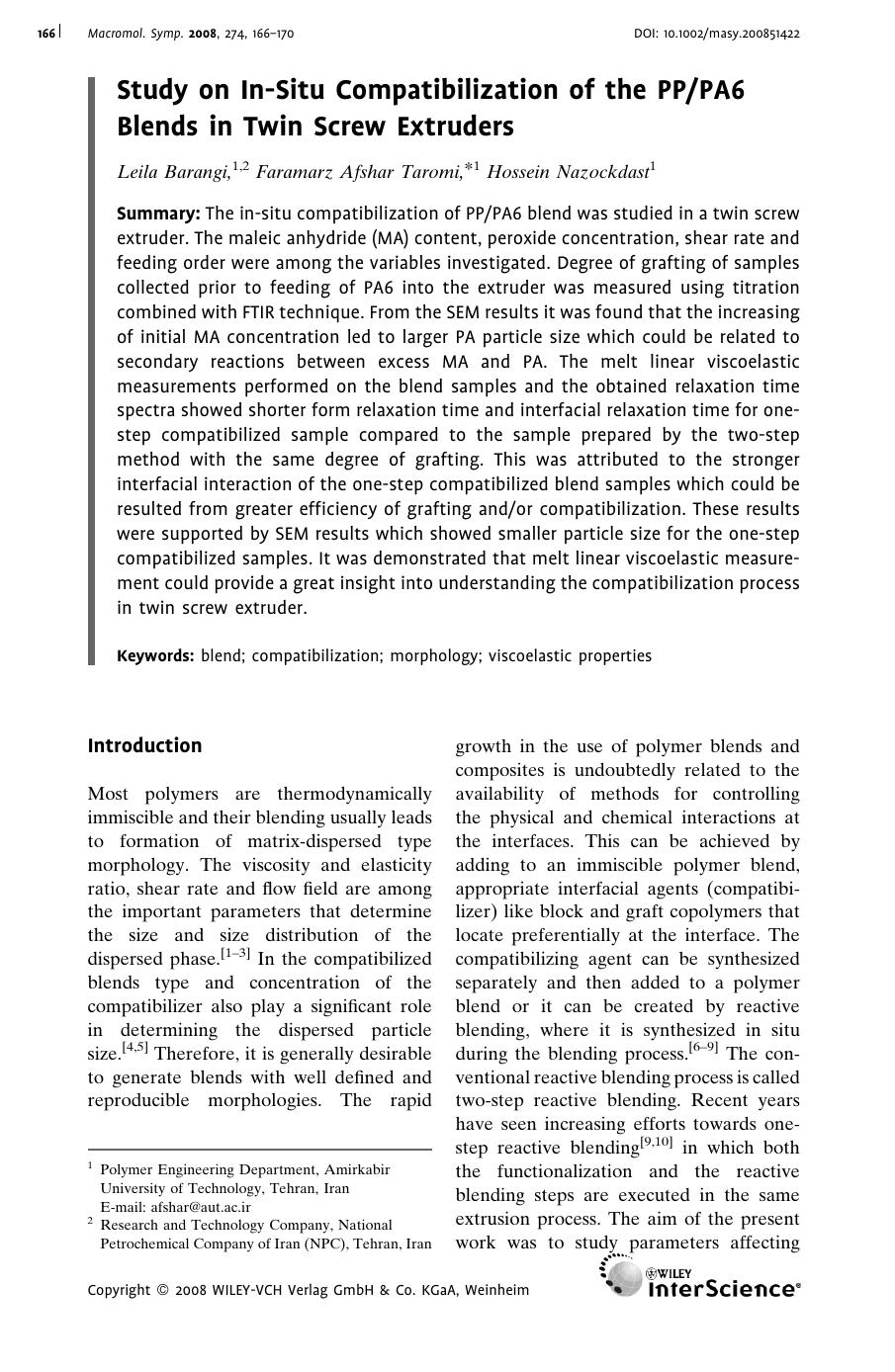 Study on In-Situ Compatibilization of the PPPA6 Blends in Twin Screw Extruders by Unknown