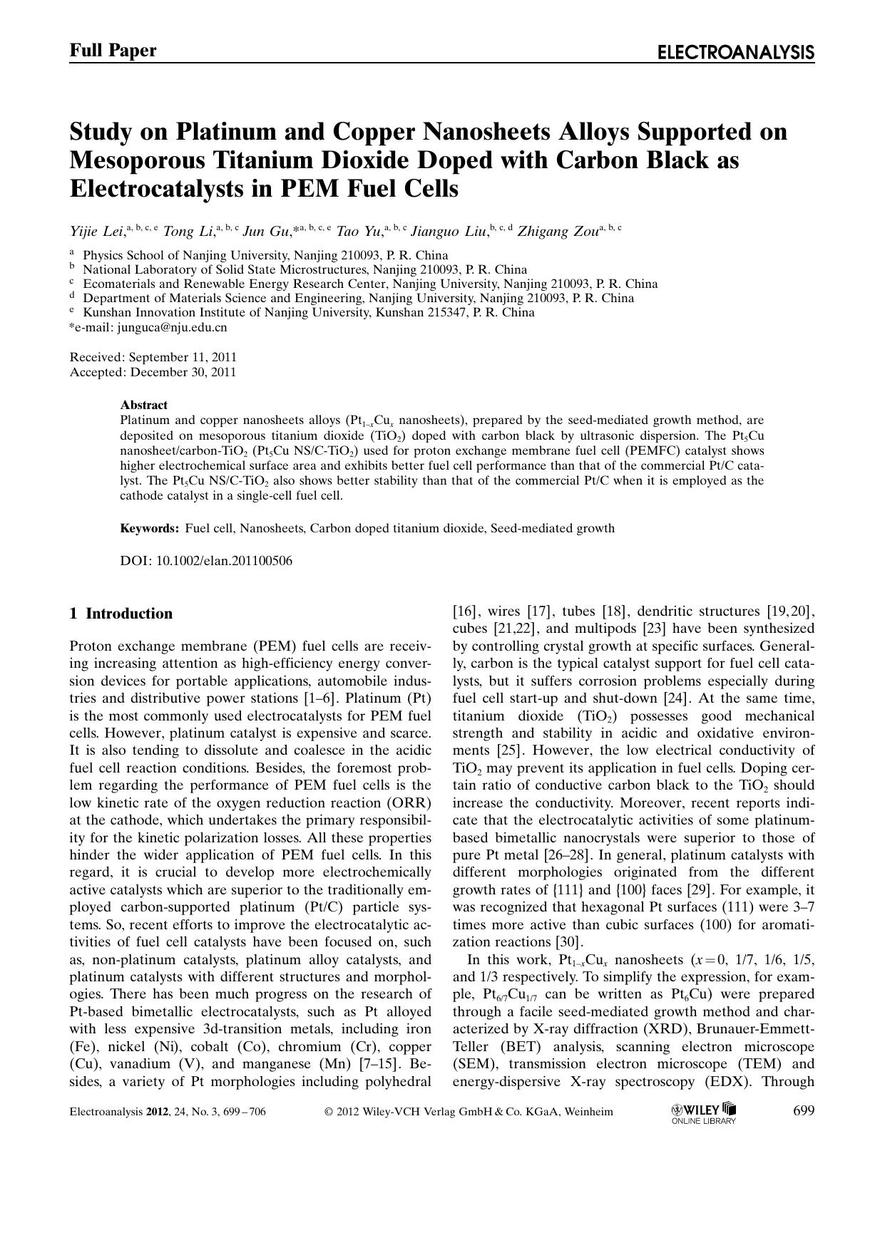 Study on Platinum and Copper Nanosheets Alloys Supported on Mesoporous Titanium Dioxide Doped with Carbon Black as Electrocatalysts in PEM Fuel Cells by Unknown