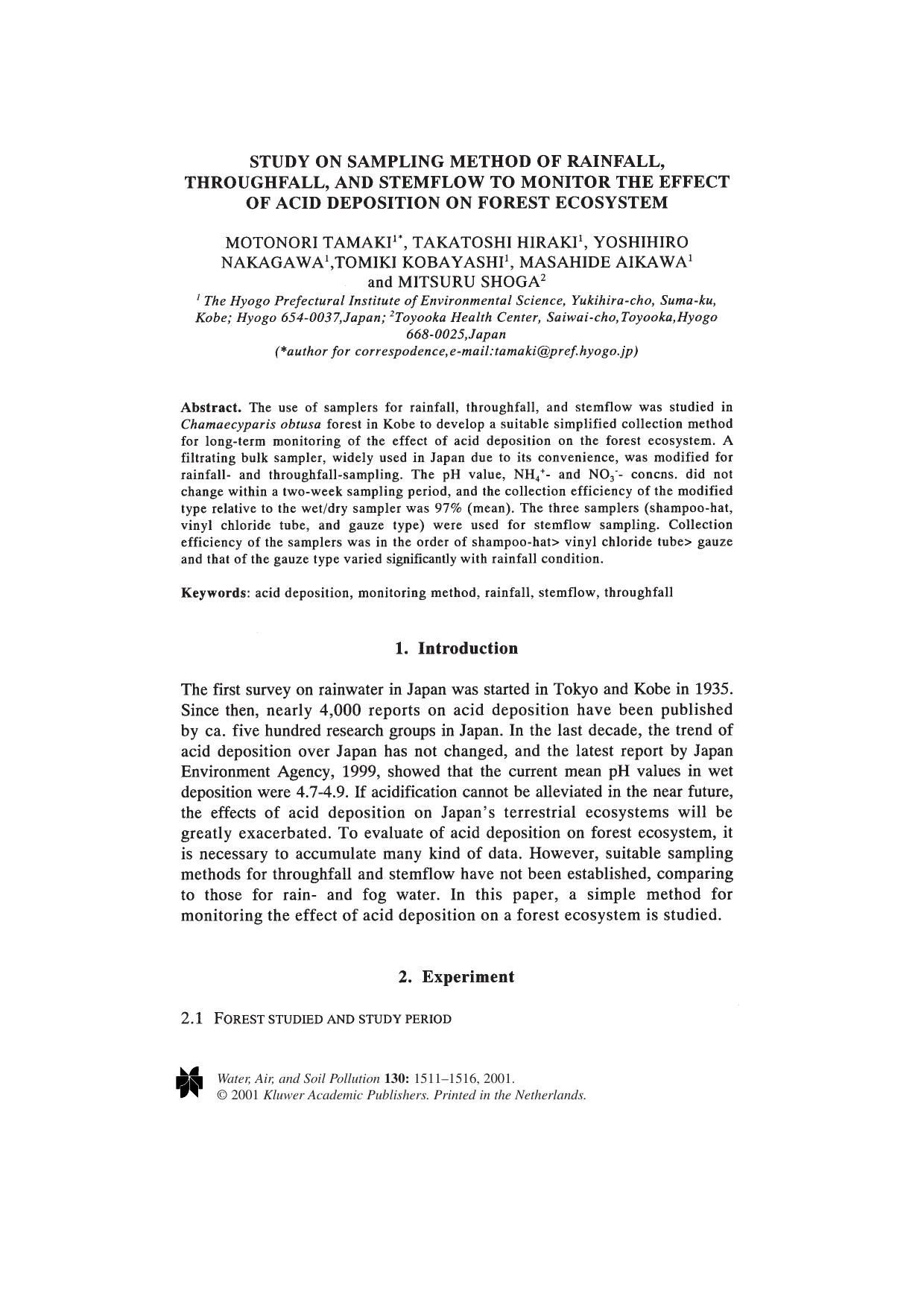 Study on Sampling Method of Rainfall, Throughfall, and Stemflow to Monitor the Effect of Acid Deposition on Forest Ecosystem by Unknown