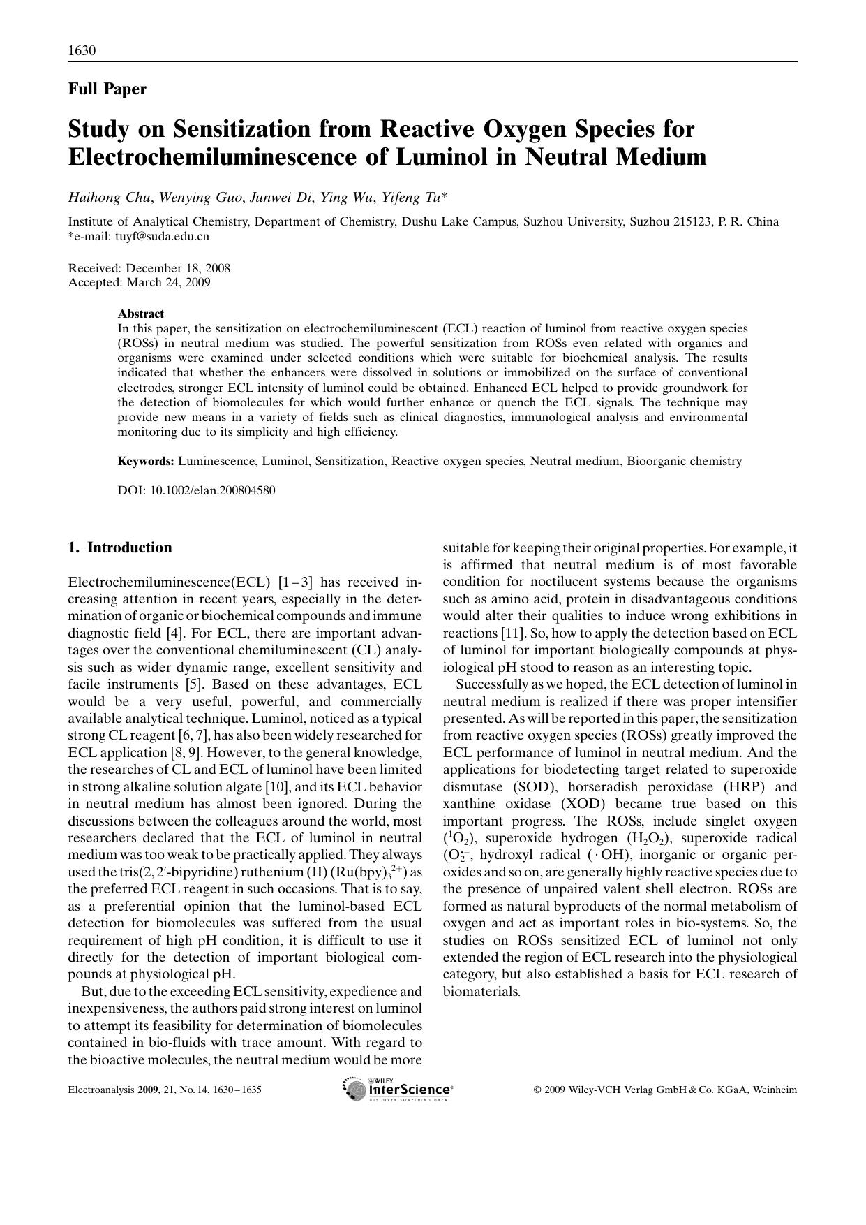 Study on Sensitization from Reactive Oxygen Species for Electrochemiluminescence of Luminol in Neutral Medium by Unknown