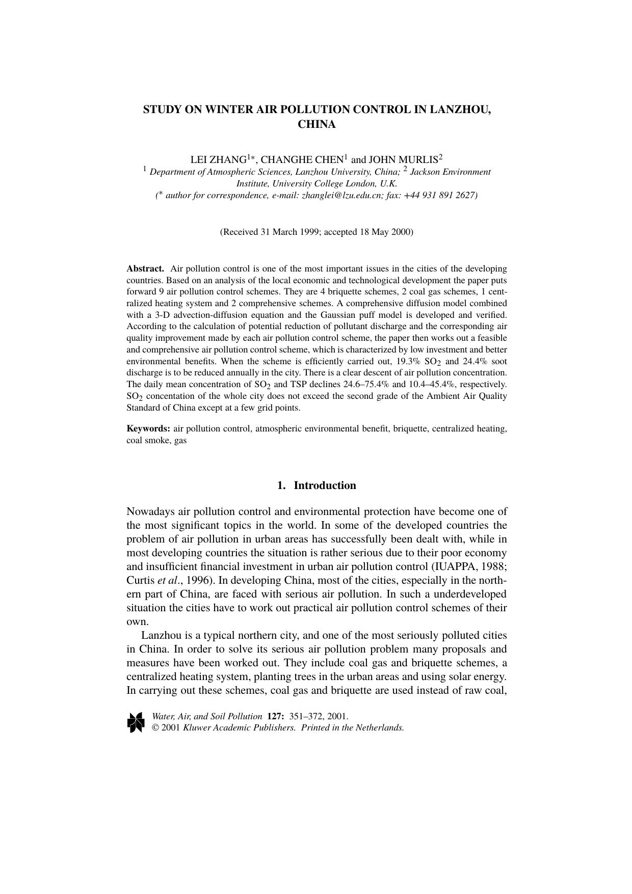 Study on Winter Air Pollution Control in Lanzhou, China by Unknown