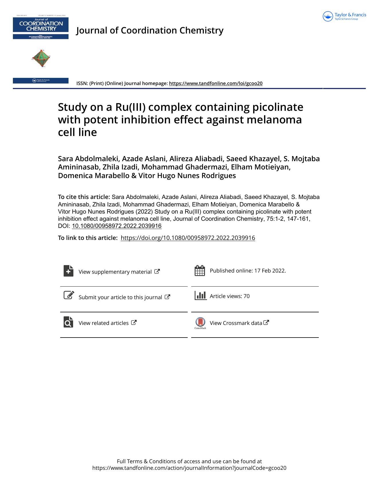 Study on a Ru(III) complex containing picolinate with potent inhibition effect against melanoma cell line by unknow