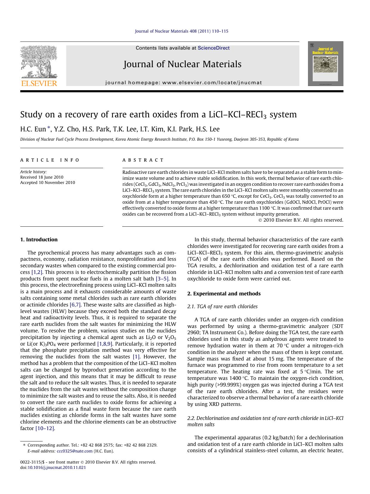 Study on a recovery of rare earth oxides from a LiClÃ¢â¬âKClÃ¢â¬âRECl3 system by H.C. Eun & Y.Z. Cho & H.S. Park & T.K. Lee & I.T. Kim & K.I. Park & H.S. Lee