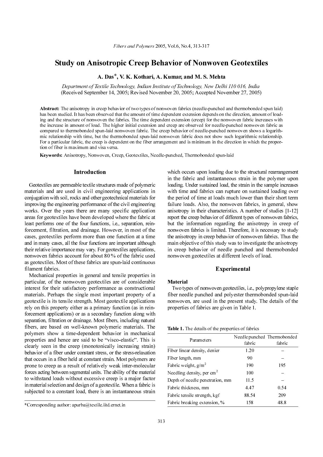 Study on anisotropic creep behavior of nonwoven geotextiles by Unknown
