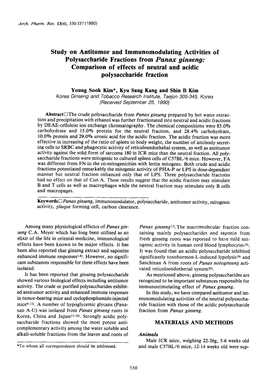 Study on antitumor and immunomodulating activities of polysaccharide fractions from <Emphasis Type="Italic">Panax ginseng <Emphasis>: Comparison of effects of neutral and acidic po by Unknown