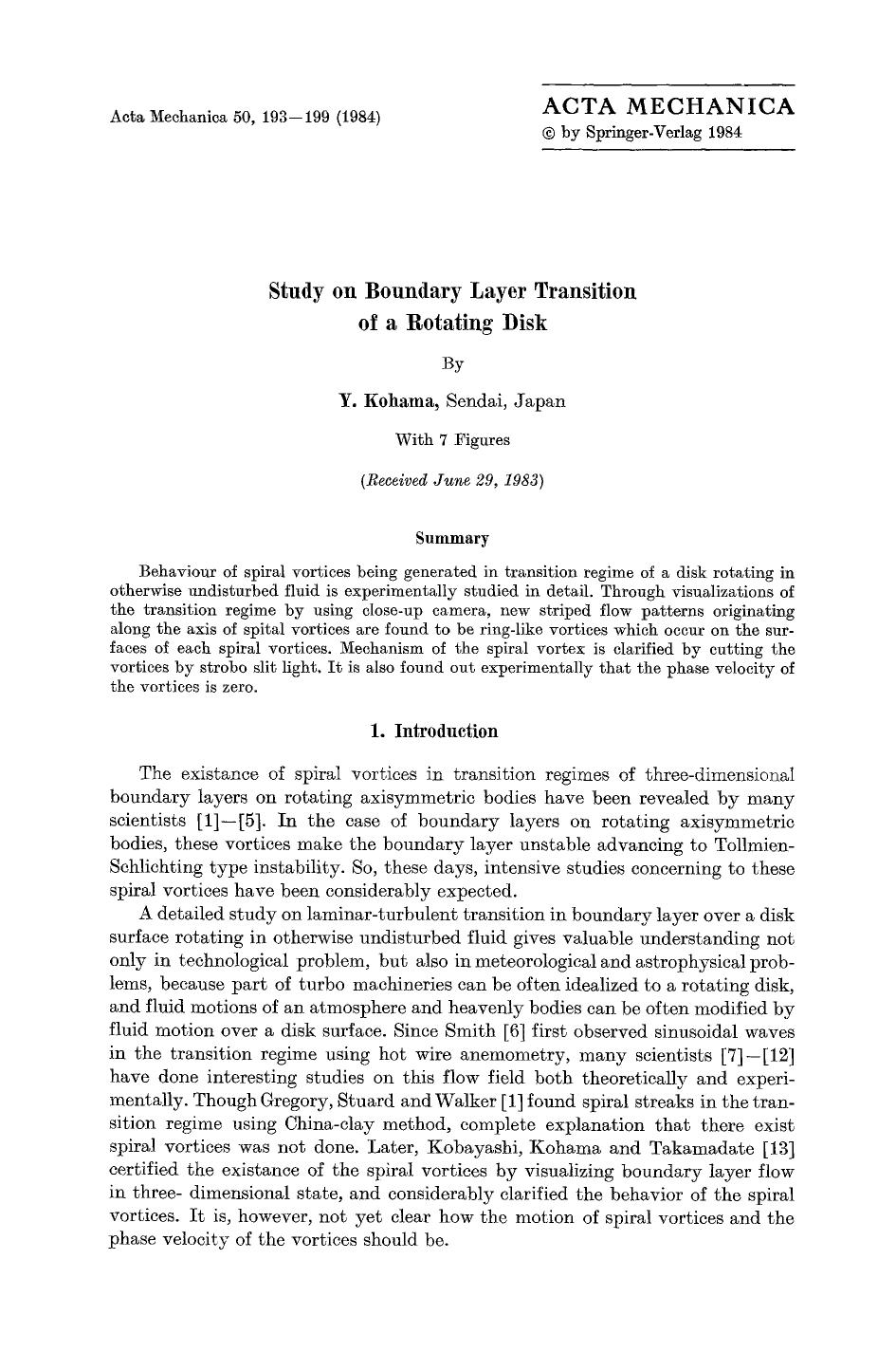 Study on boundary layer transition of a rotating disk by Unknown