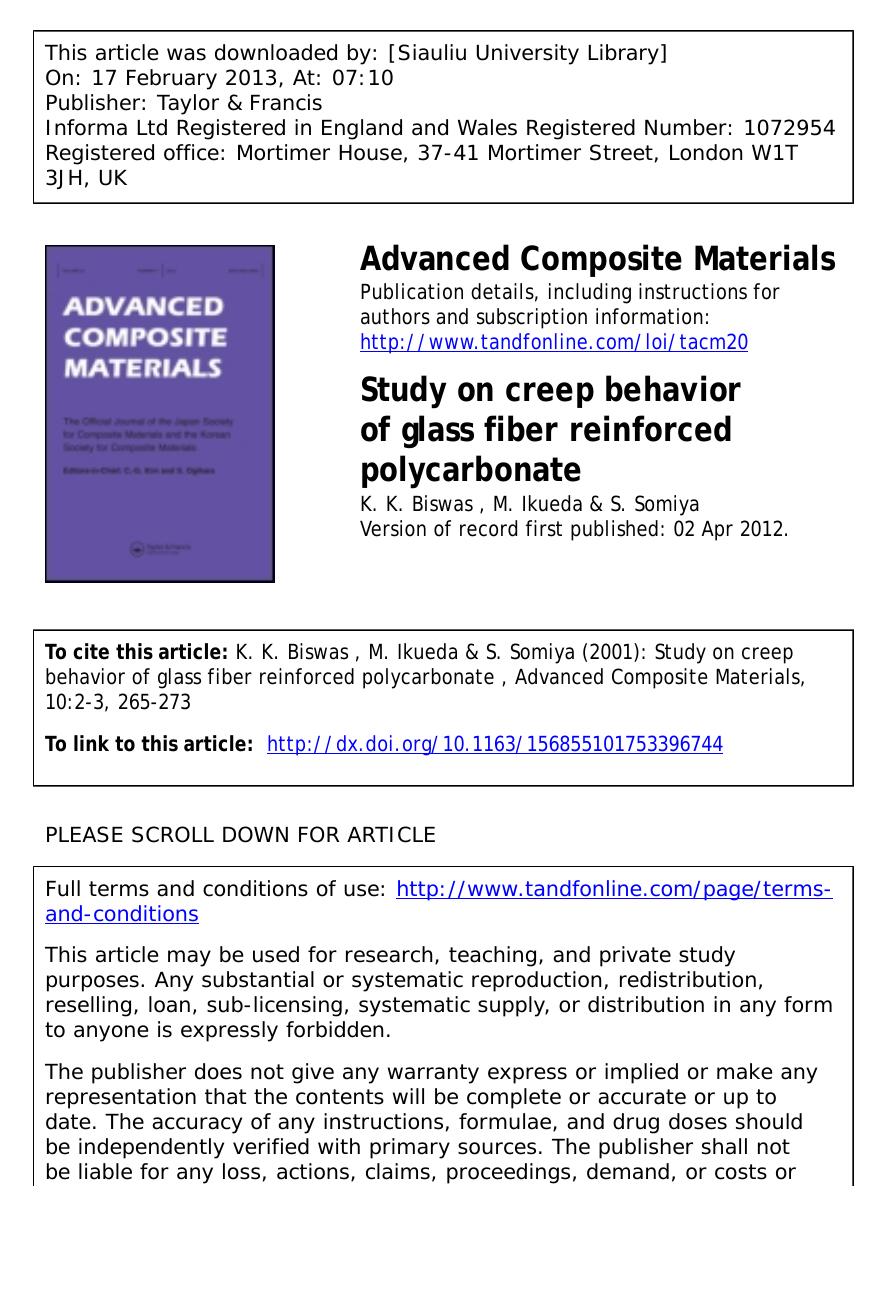 Study on creep behavior of glass fiber reinforced polycarbonate by K. K. Biswas M. Ikueda & S. Somiya