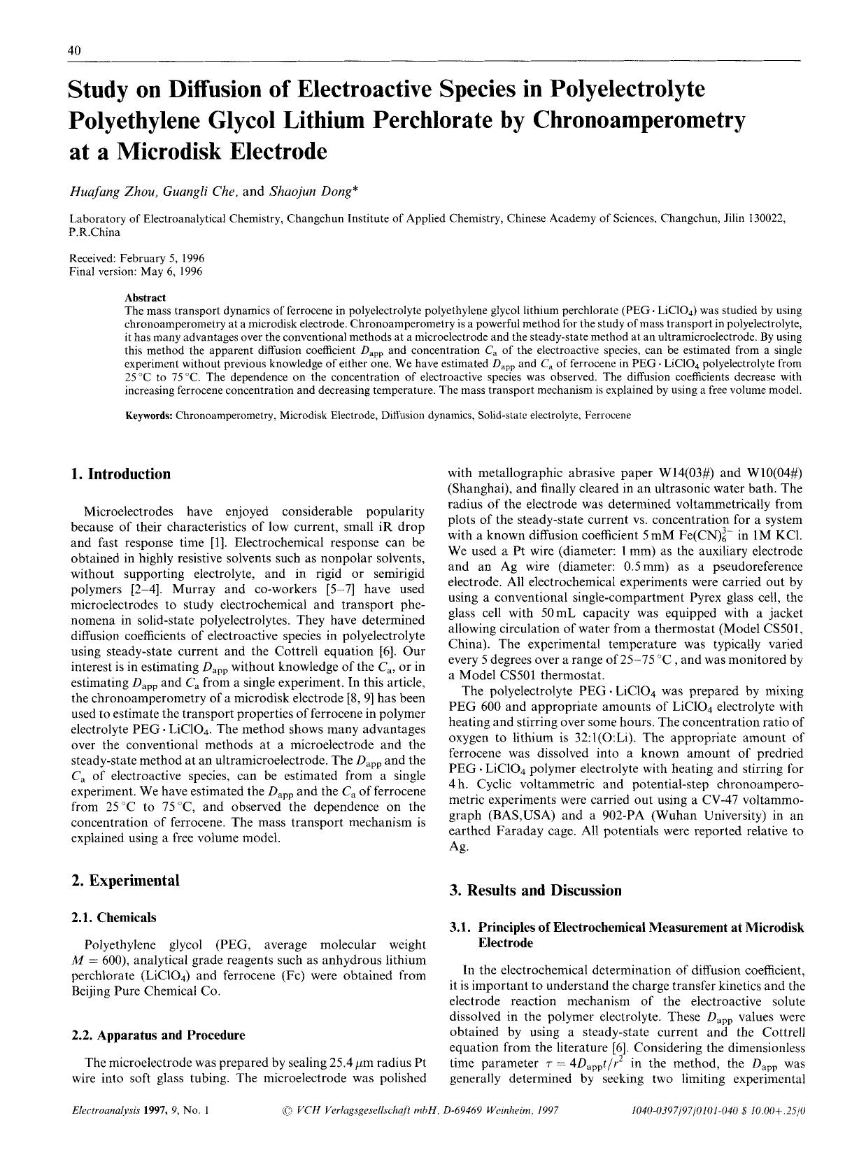Study on diffusion of electroactive species in polyelectrolyte polyethylene glycol lithium perchlorate by chronoamperometry at a microdisk electrode by Unknown