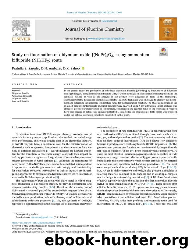Study on fluorination of didymium oxide [(NdPr)2O3] using ammonium bifluoride (NH4HF2) route by Prafulla S. Sarode & D.N. Ambare & D.K. Sahoo