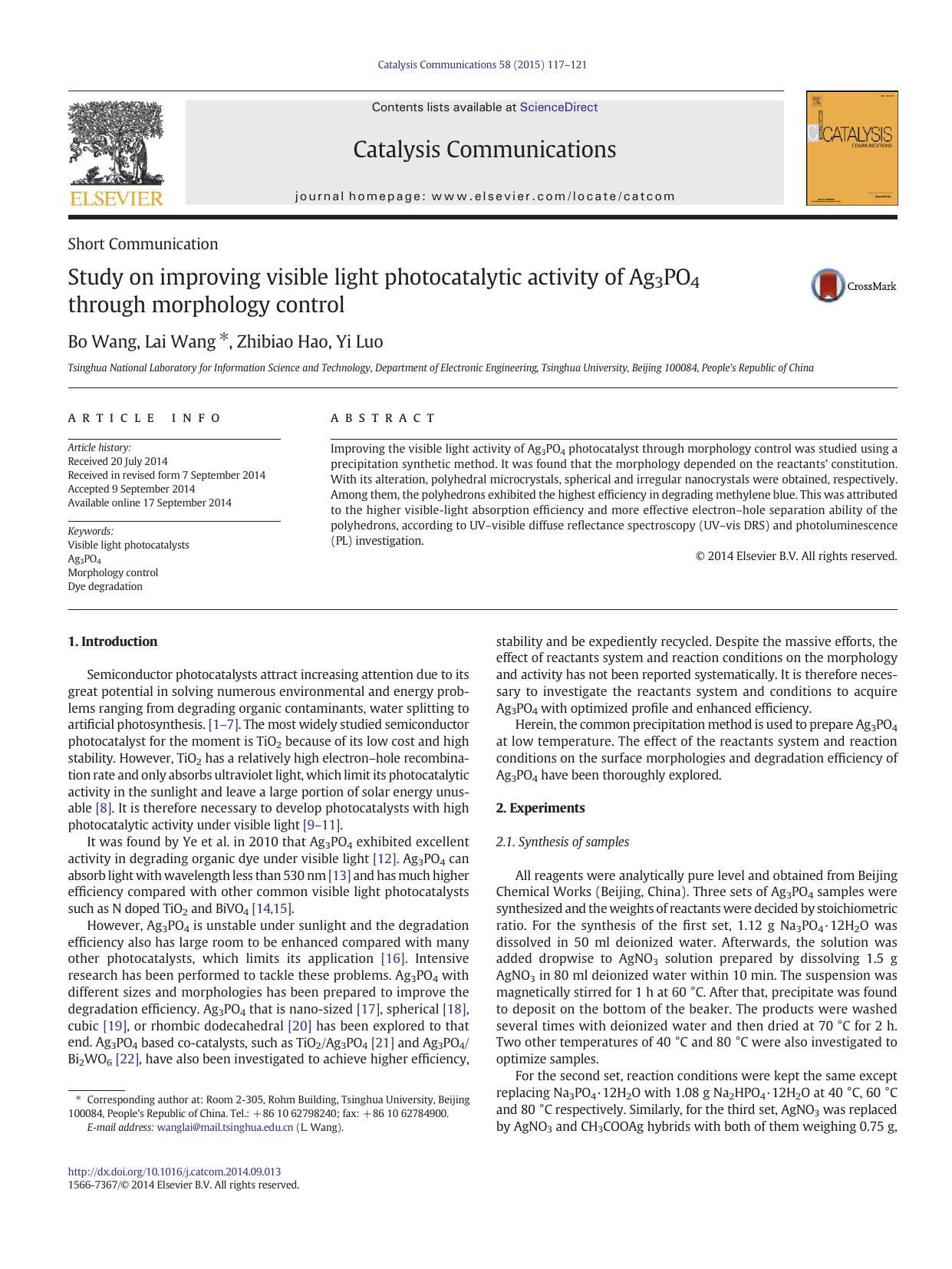 Study on improving visible light photocatalytic activity of Ag3PO4 through morphology control by Bo Wang & Lai Wang & Zhibiao Hao & Yi Luo