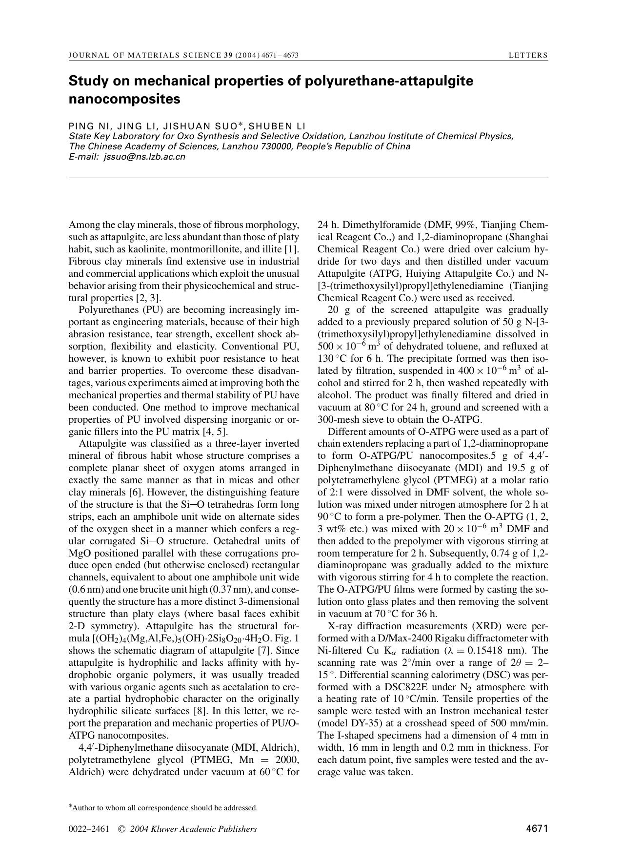 Study on mechanical properties of polyurethane-attapulgite nanocomposites by Unknown