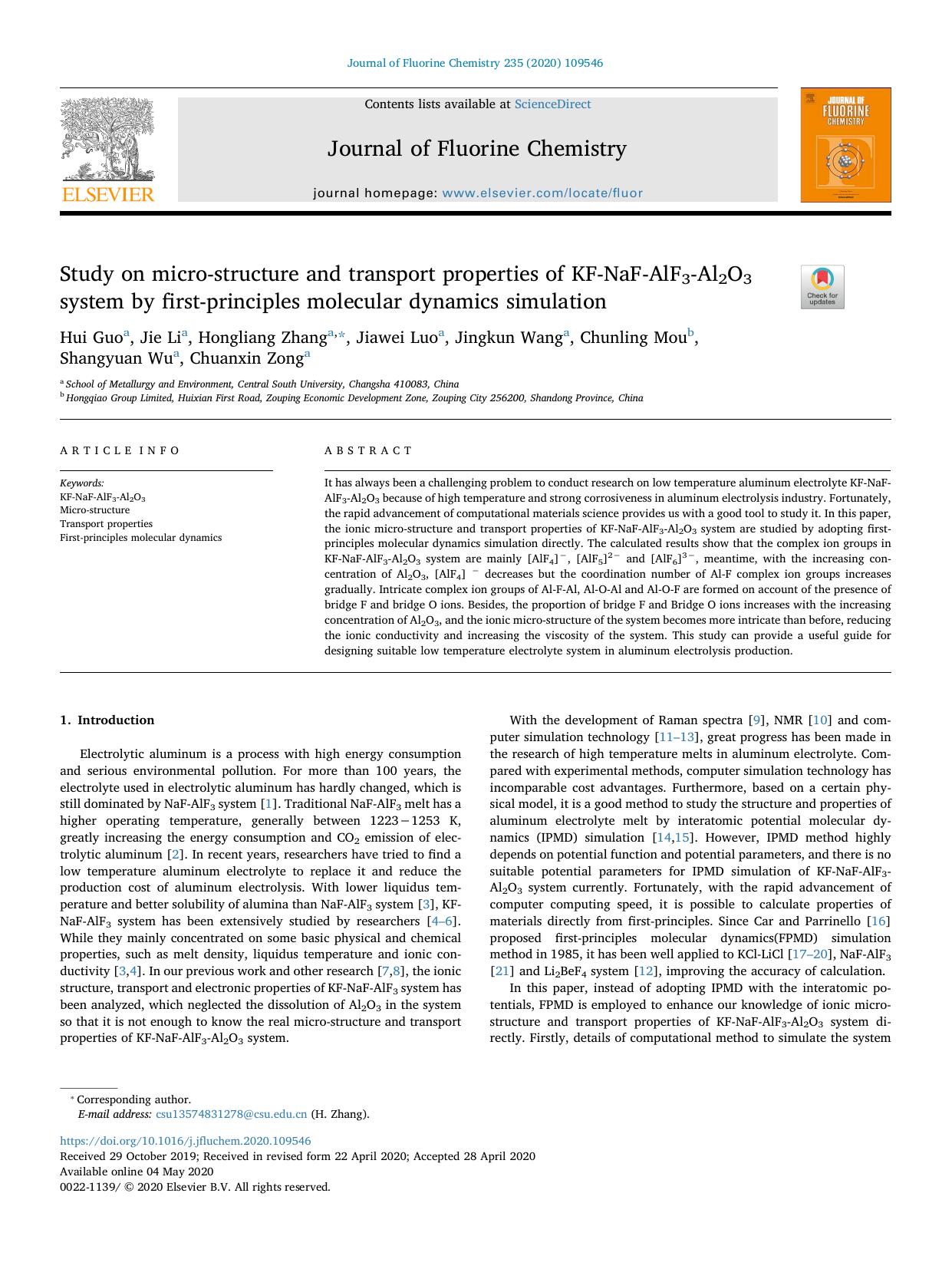 Study on micro-structure and transport properties of KF-NaF-AlF3-Al2O3 system by first-principles molecular dynamics simulation by unknow