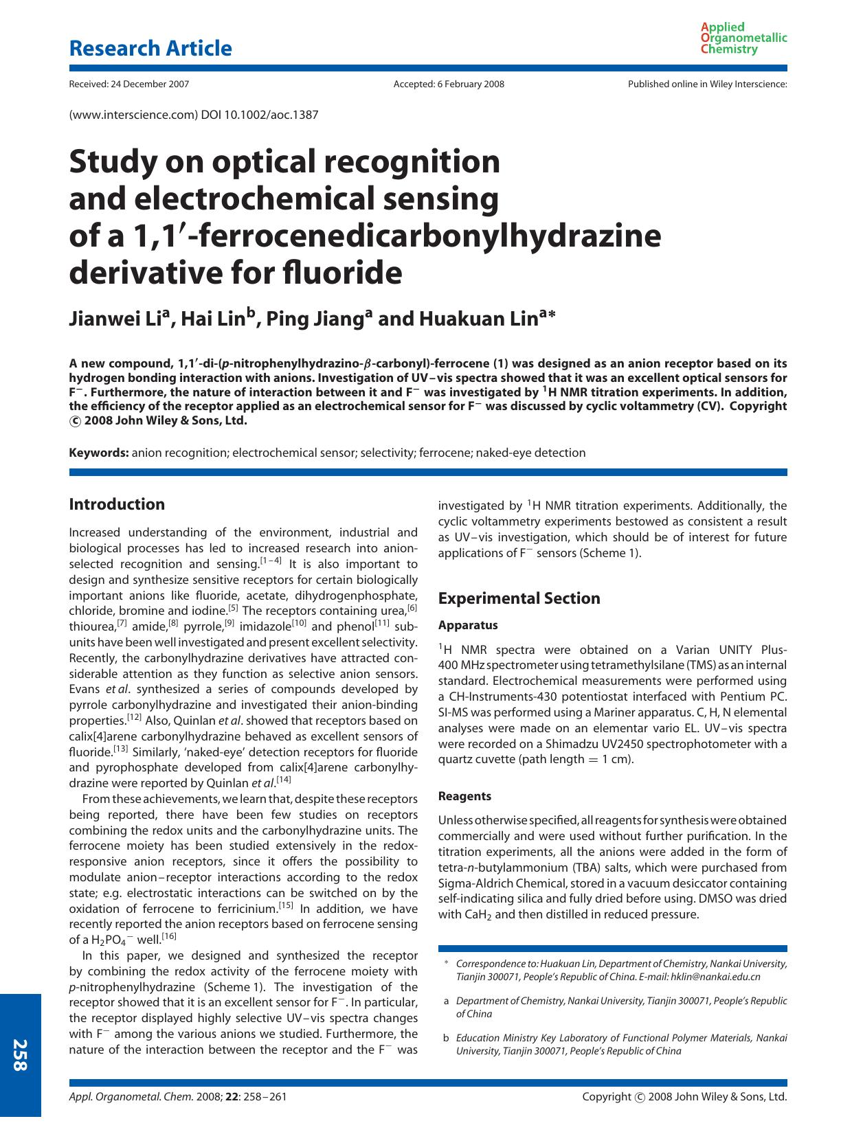 Study on optical recognition and electrochemical sensing of a 1,1[prime]-ferrocenedicarbonylhydrazine derivative for fluoride by Unknown