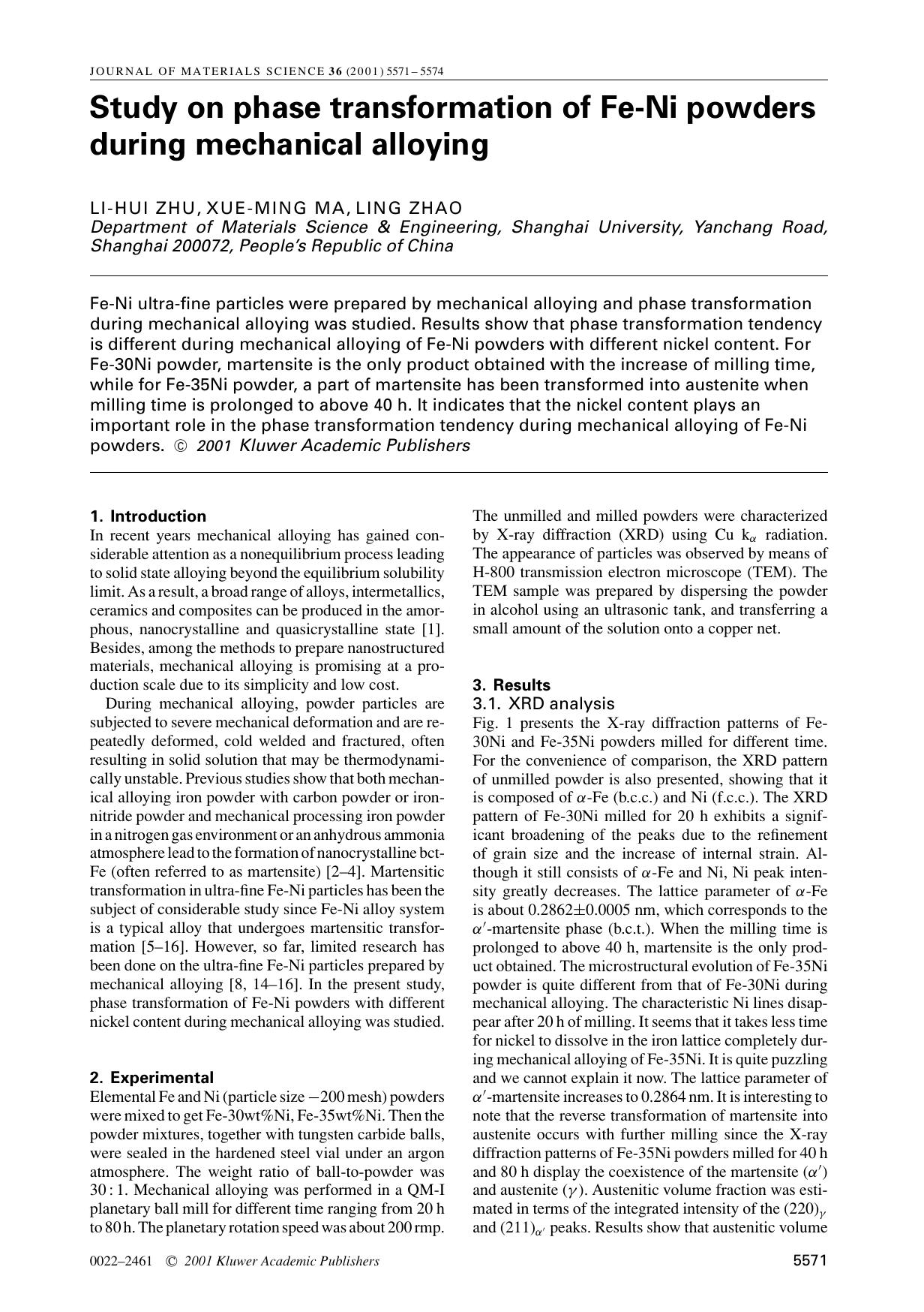 Study on phase transformation of Fe-Ni powders during mechanical alloying by Unknown
