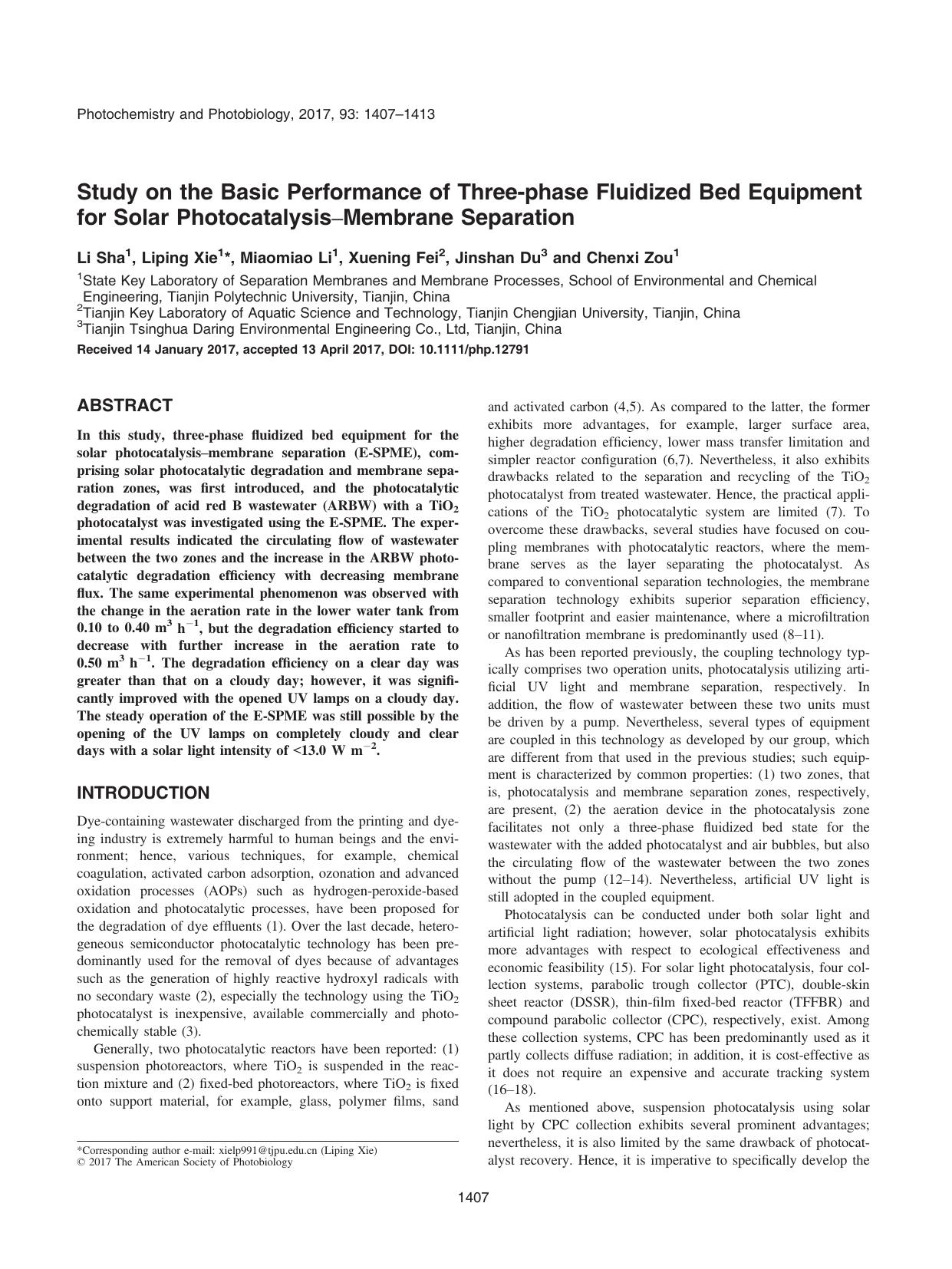 Study on the Basic Performance of Threeâphase Fluidized Bed Equipment for Solar PhotocatalysisâMembrane Separation by Unknown