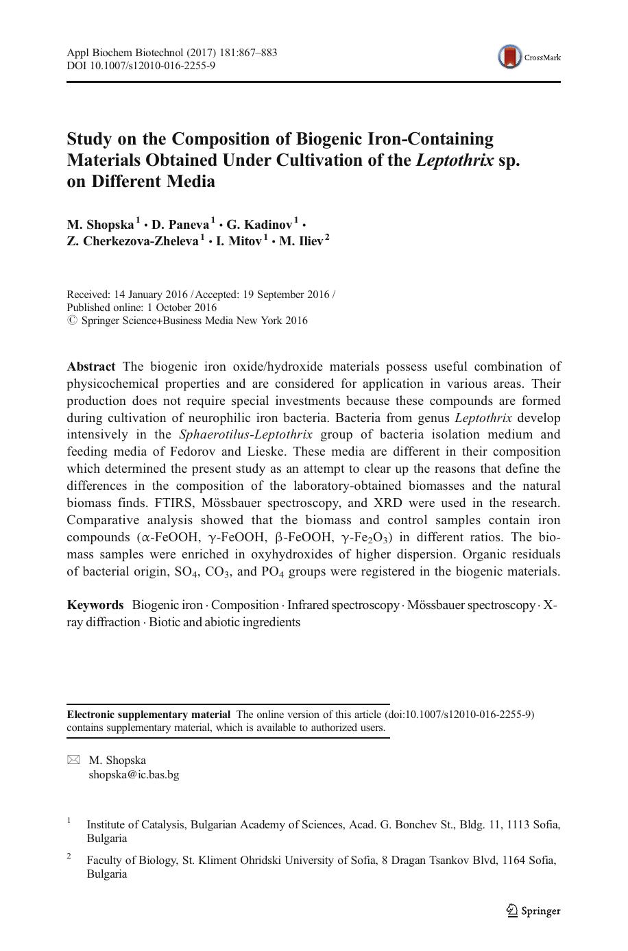 Study on the Composition of Biogenic Iron-Containing Materials Obtained Under Cultivation of the Leptothrix sp. on Different Media by M. Shopska & D. Paneva & G. Kadinov & Z. Cherkezova-Zheleva & I. Mitov & M. Iliev