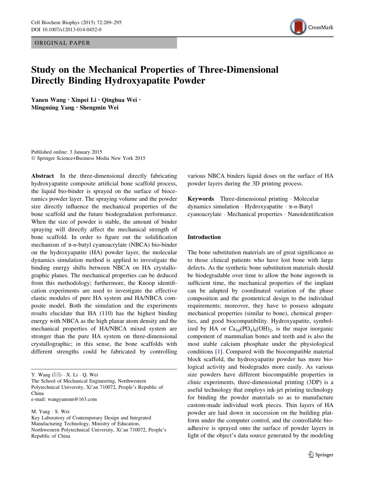 Study on the Mechanical Properties of Three-Dimensional Directly Binding Hydroxyapatite Powder by Yanen Wang & Xinpei Li & Qinghua Wei & Mingming Yang & Shengmin Wei