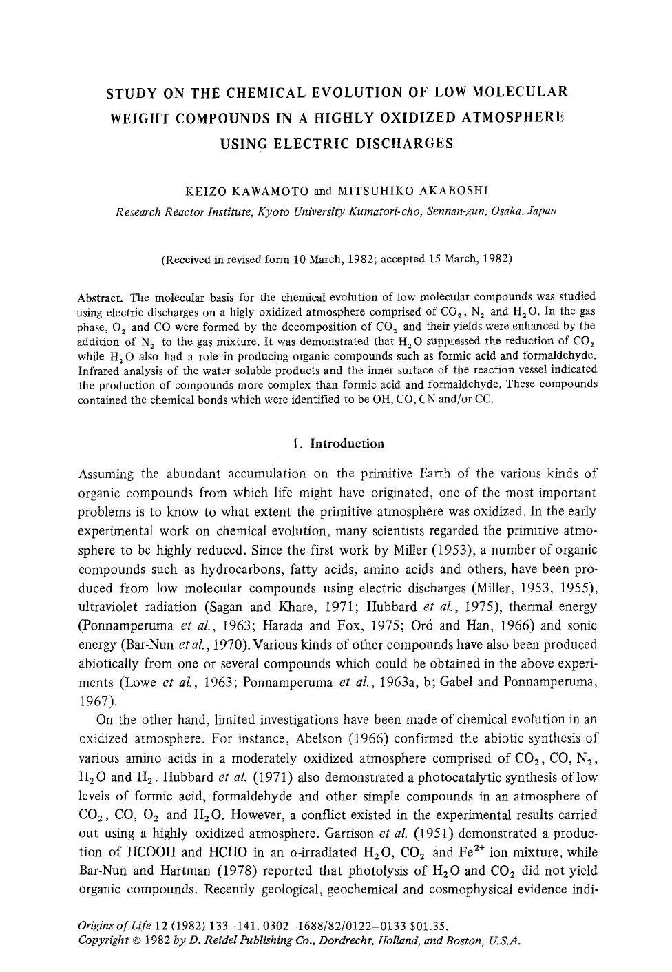 Study on the chemical evolution of low molecular weight compounds in a highly oxidized atmosphere using electric discharges by Unknown